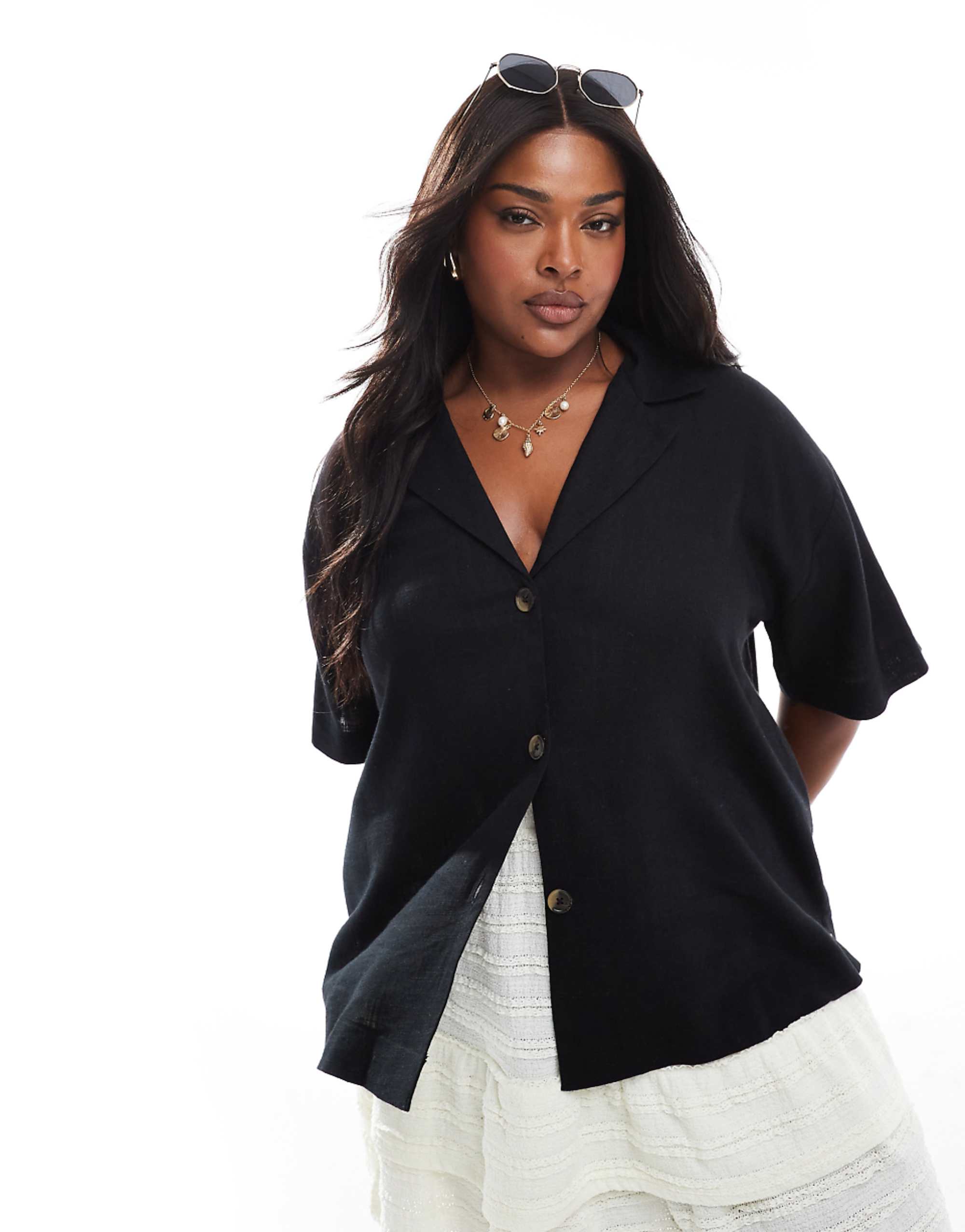 Asos Design Curve Linen Blend Short Sleeve Shirt in Black