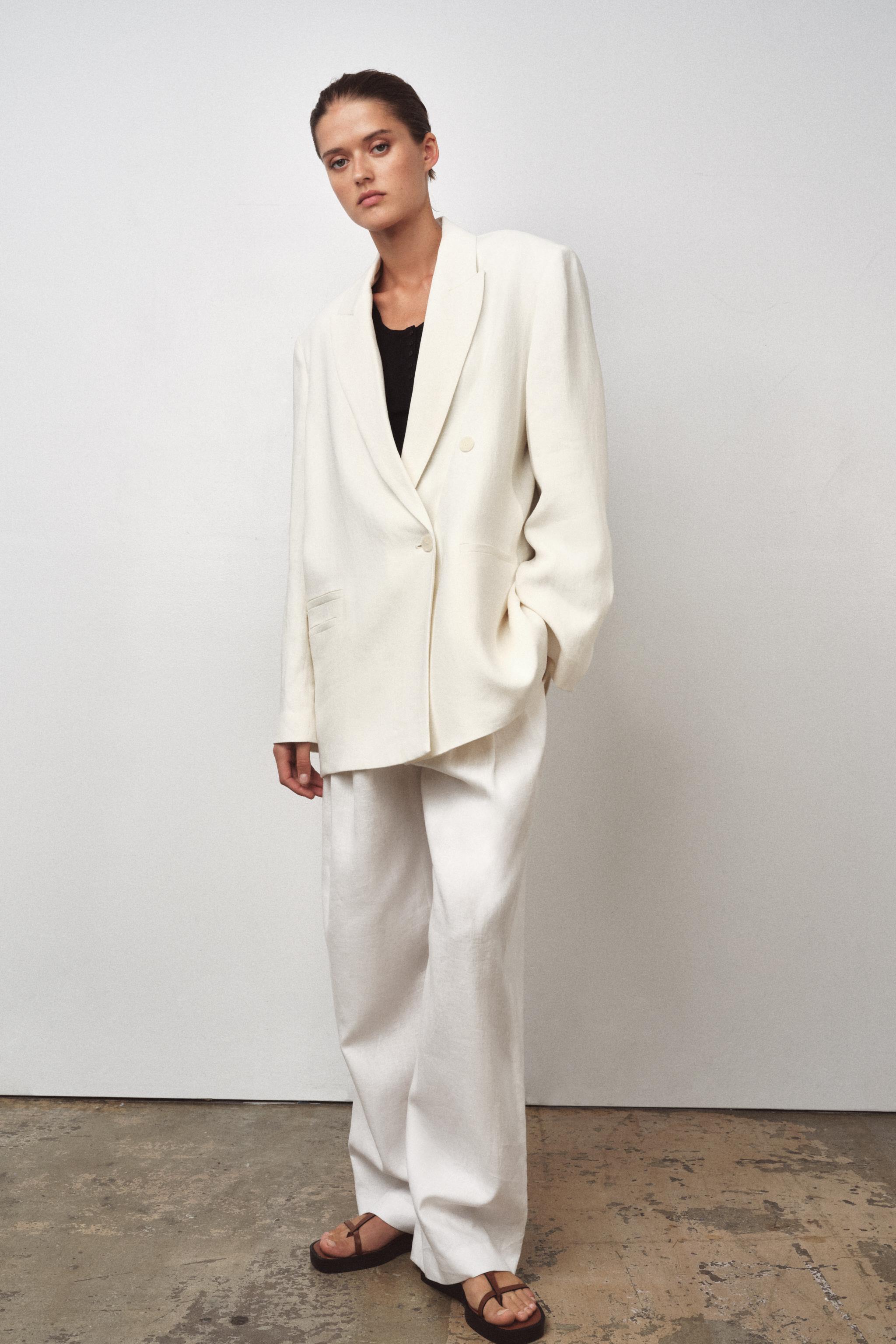 Zw Collection Double-Breasted Linen Blend Blazer