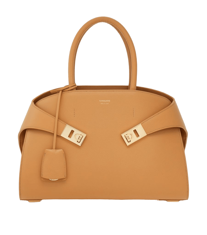 FERRAGAMO, Medium Hug Handbag in Light Camel/Gold