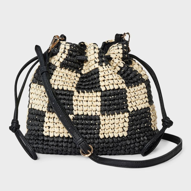 Straw Checker Drawstring Crossbody Bag - Universal Thread™ Black: Knit, Unstructured, Paper & Straw