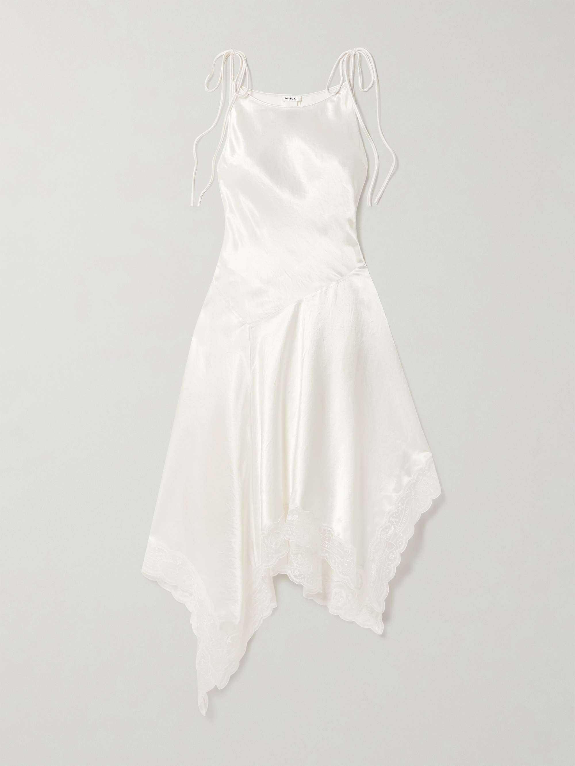 Doyla Belted Asymmetric Scalloped Lace-Trimmed Hammered-Satin Midi Dress