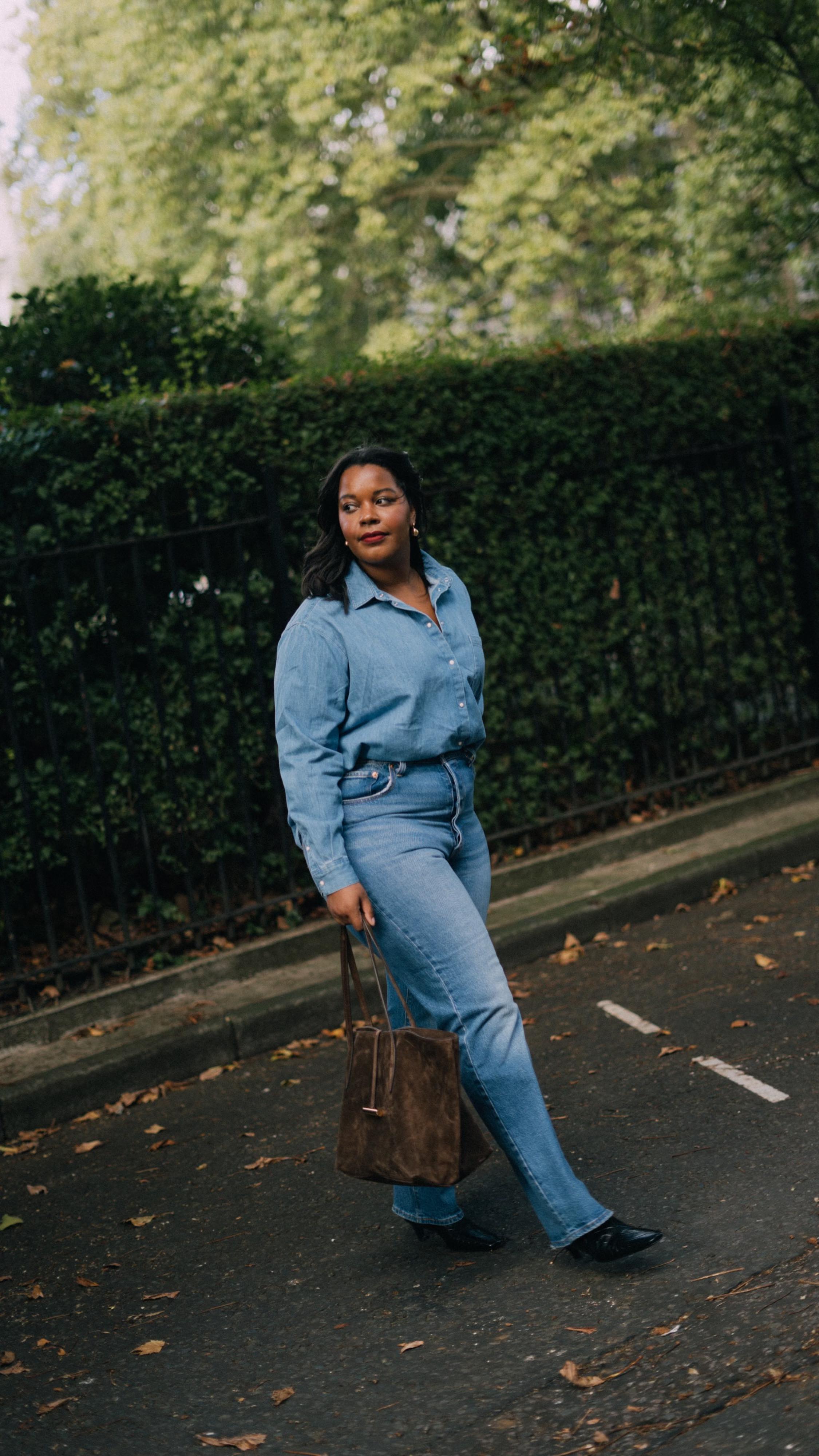 An image of @styleidealist wearing double denim, one of the key autumn jeans trends of 2025.