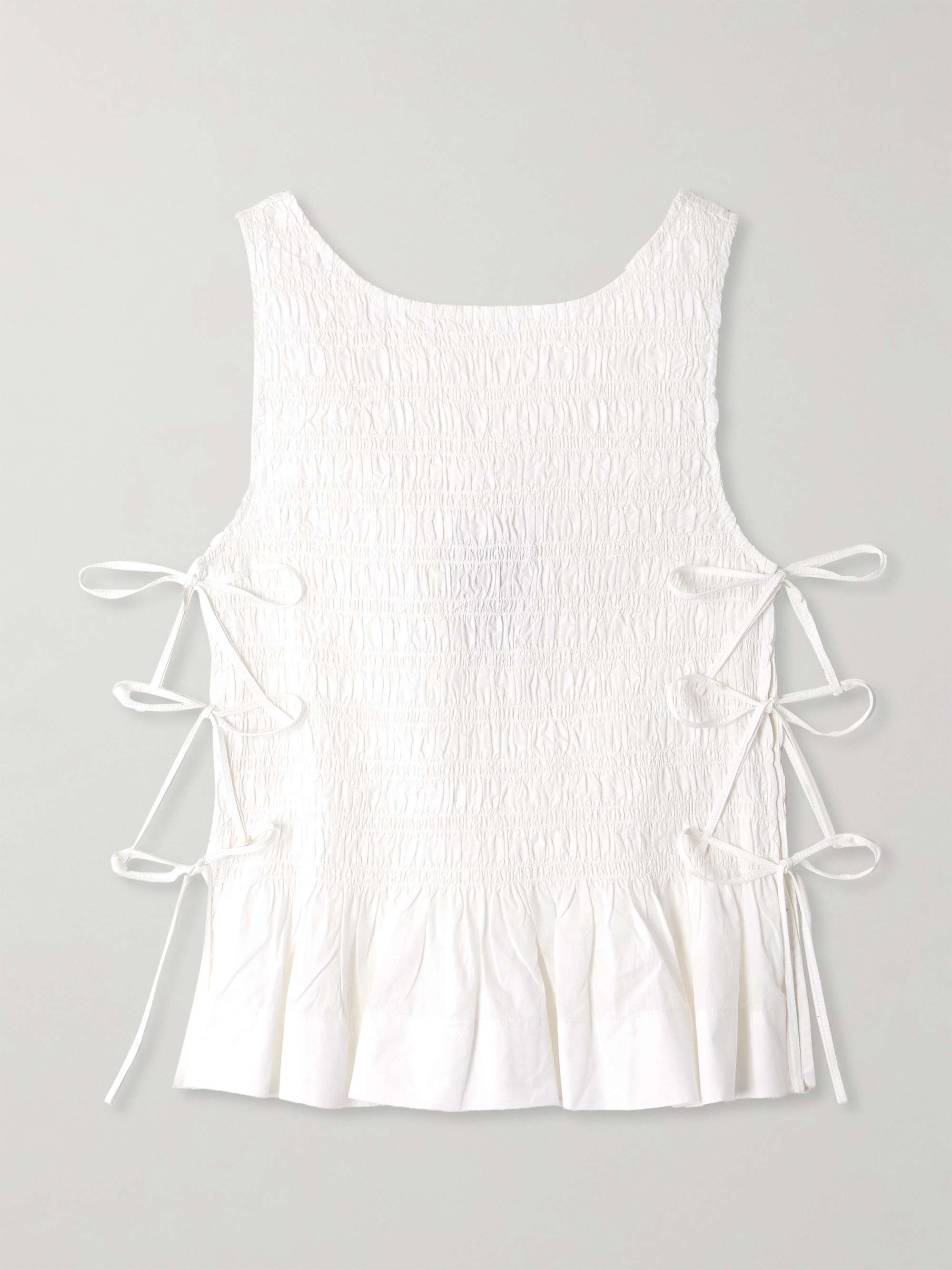 Tie-Detailed Ruffled Shirred Organic Cotton-Poplin Tank