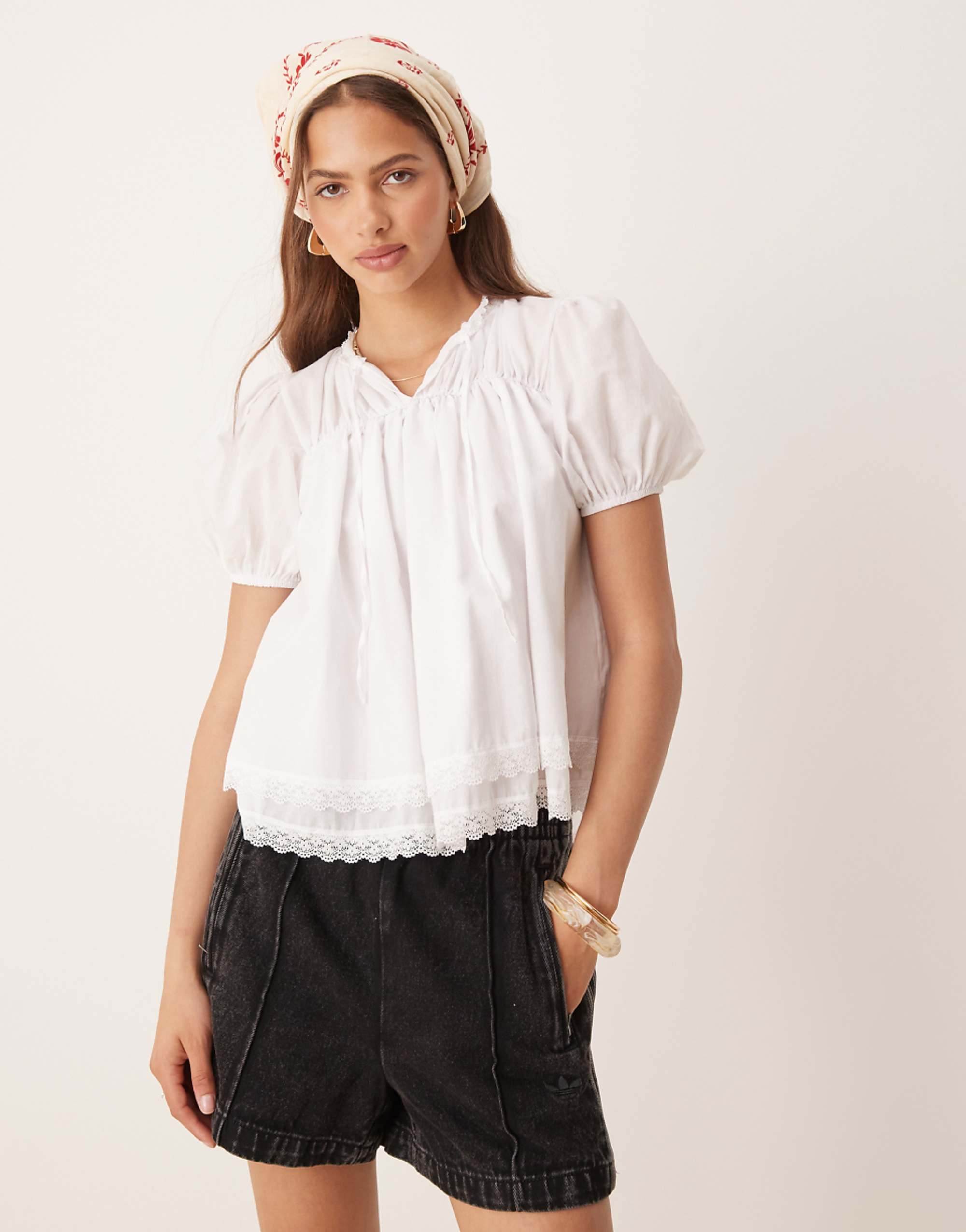 Asos Design Cotton Lace Trim Blouse in Cream