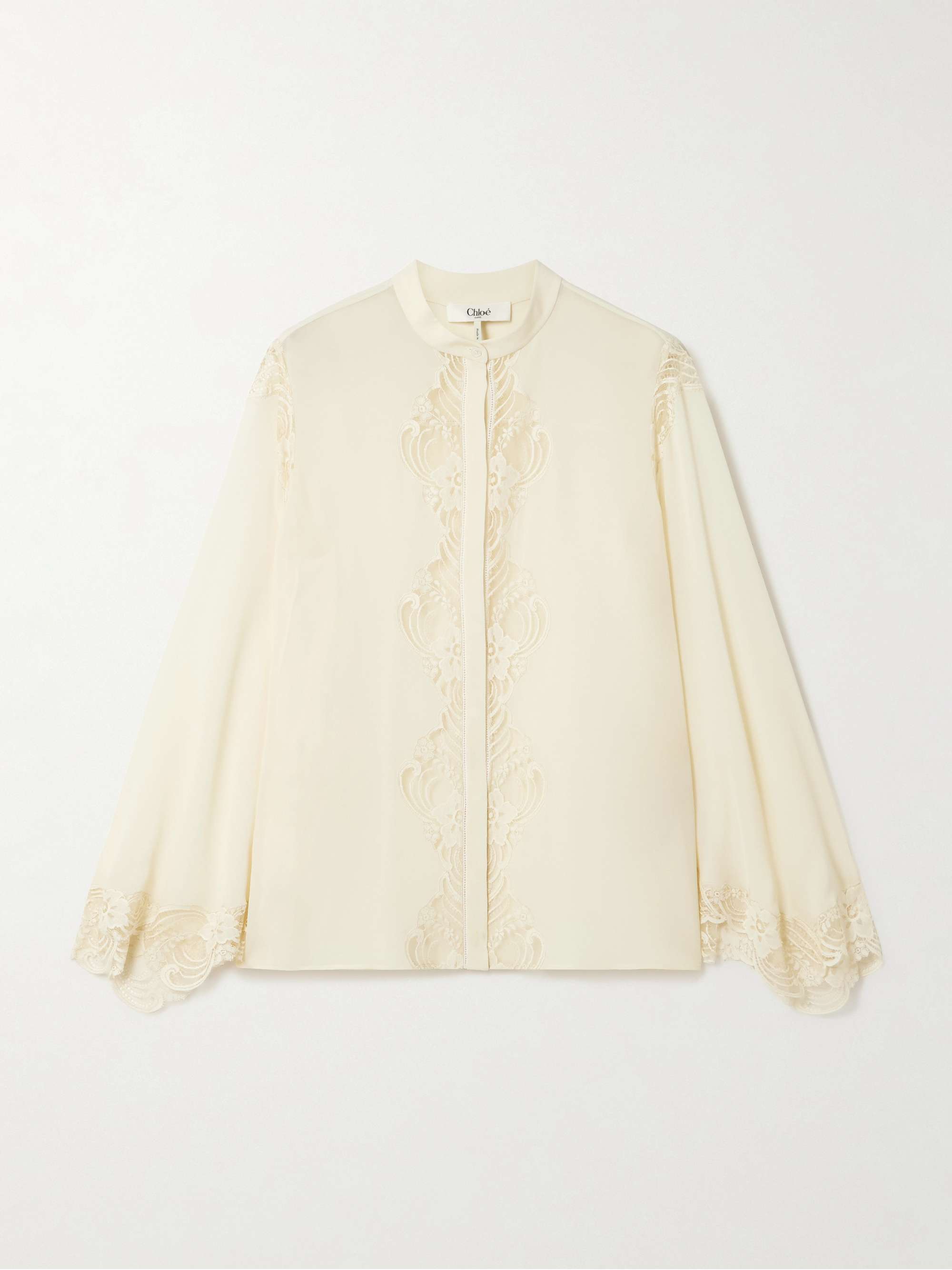 Embroidered Lace-Trimmed Organic Silk-Georgette Blouse