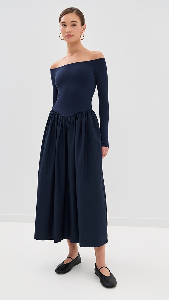 Le Bop Colette Mixed Fabric Off Shoulder Dress