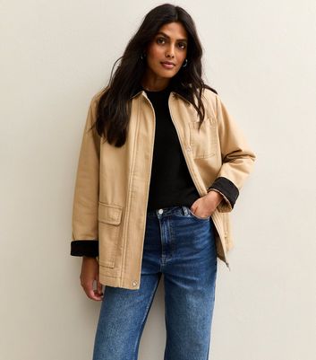 Stone Contrast Collar Midi Barn Jacket
