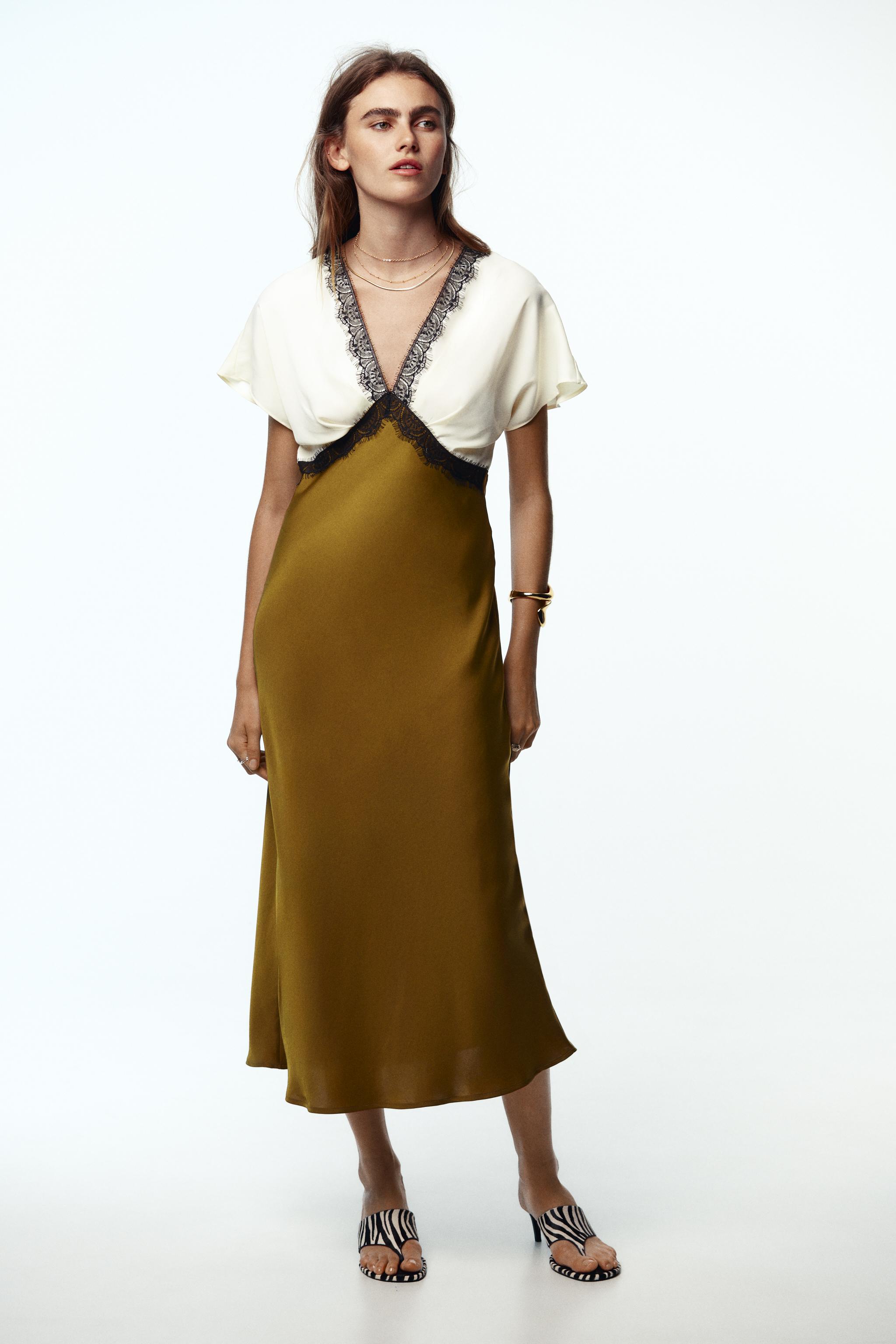 Contrast Lace Satin Effect Midi Dress