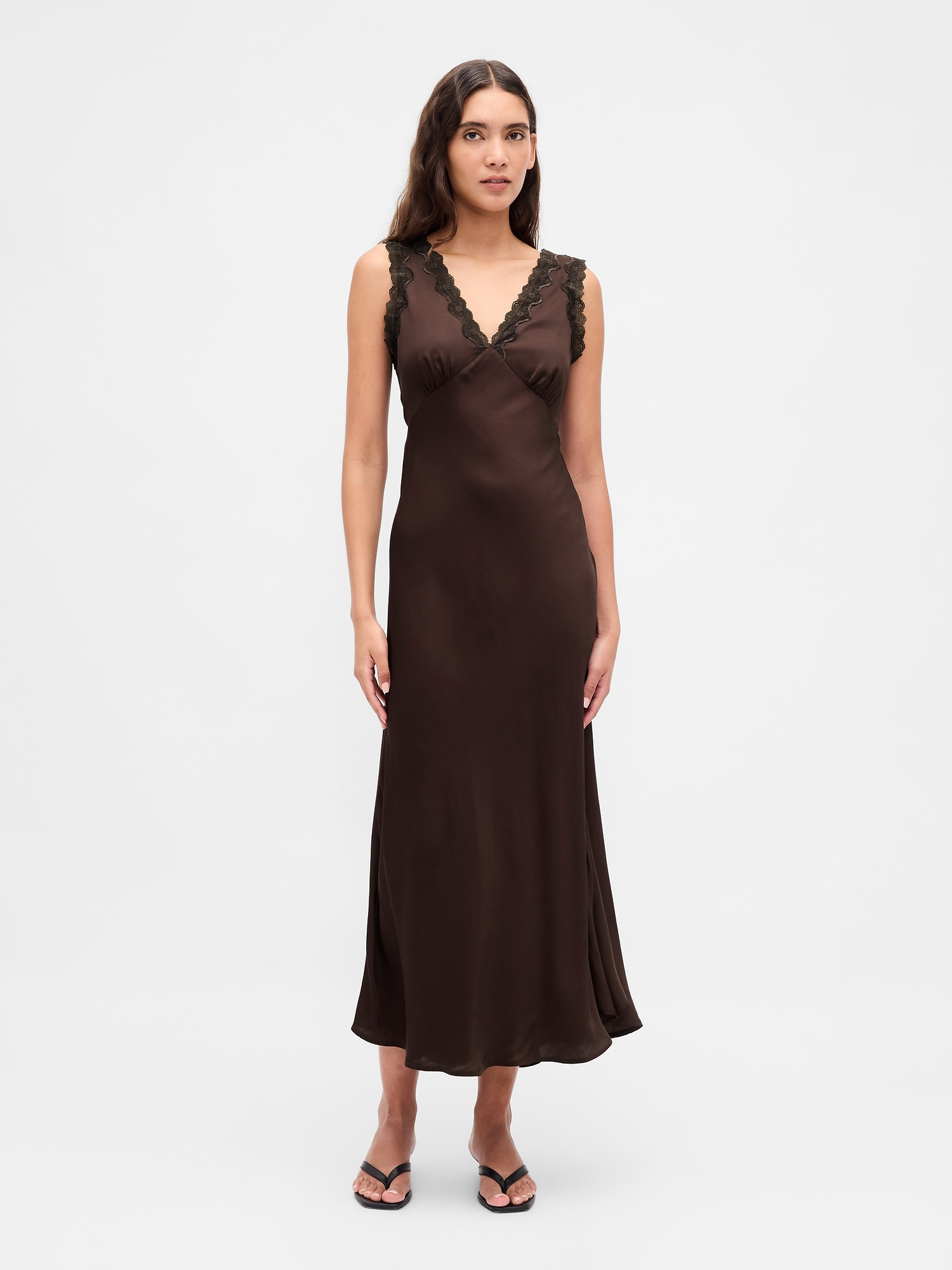 Satin Lace-Trim V-Neck Maxi Slip Dress