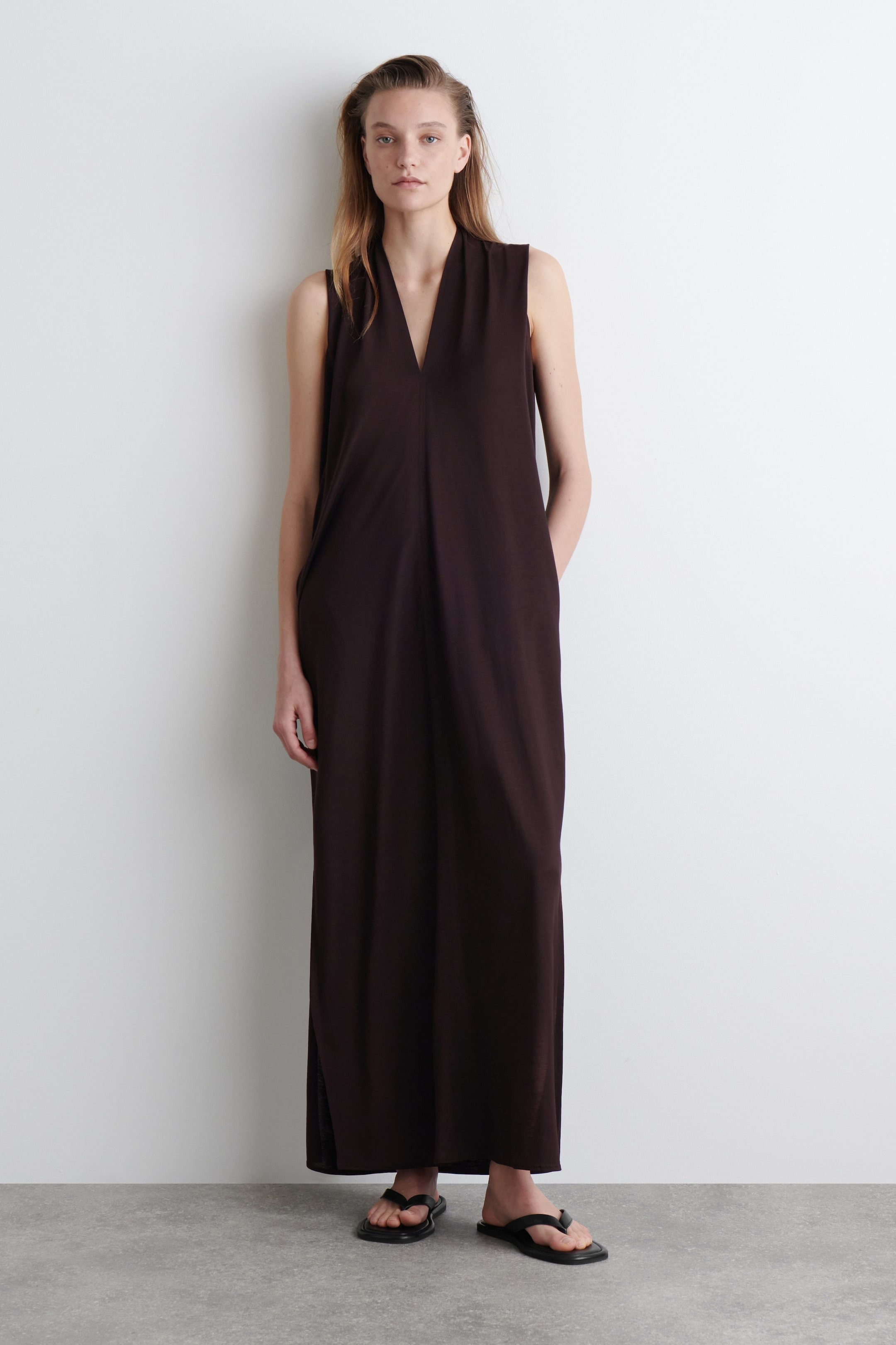 Draped V-Neck Sleeveless Maxi Dress
