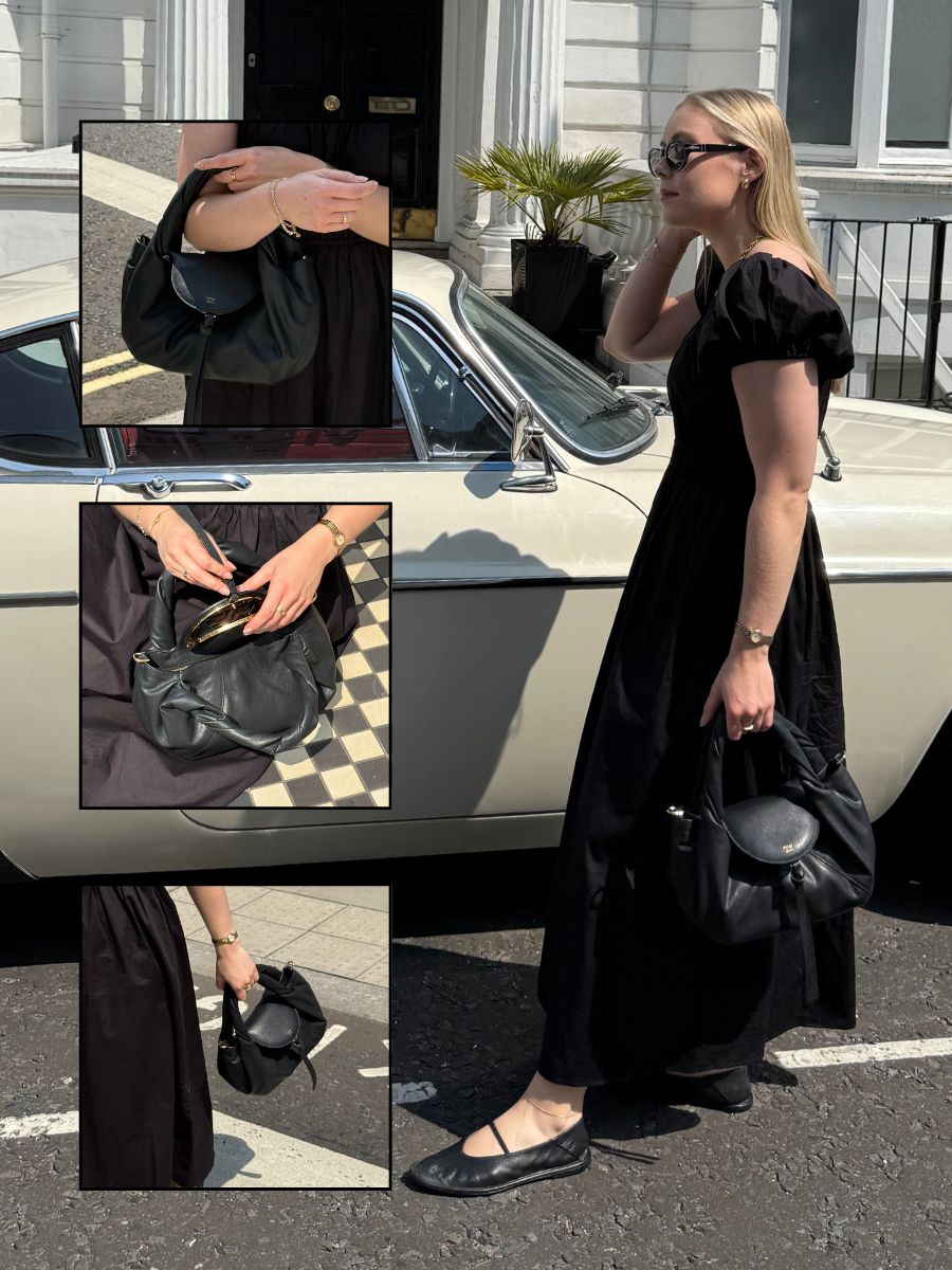 Woman wears black dress and carries black bag