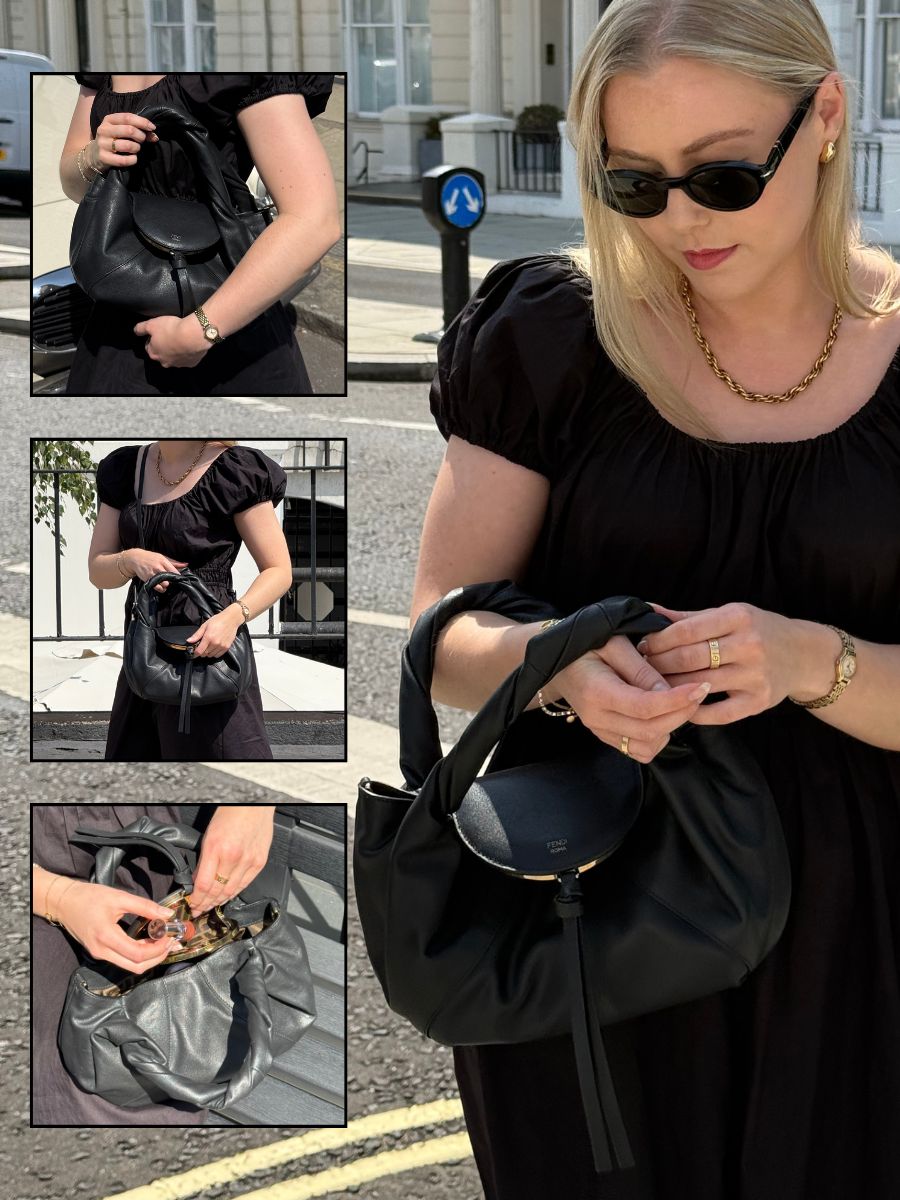 Woman wears black dress, gold jewellery, black sunglasses and black Fendi handbag