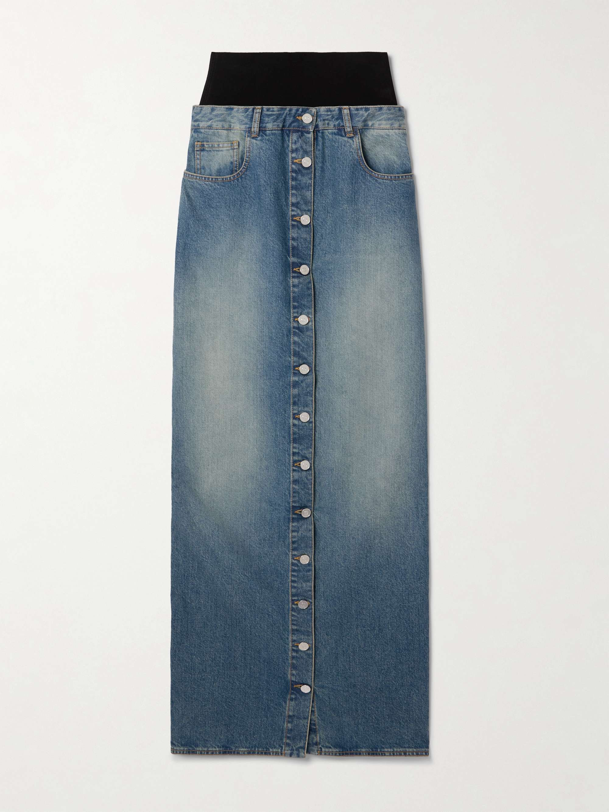 Layered Jersey-Trimmed Denim Maxi Skirt