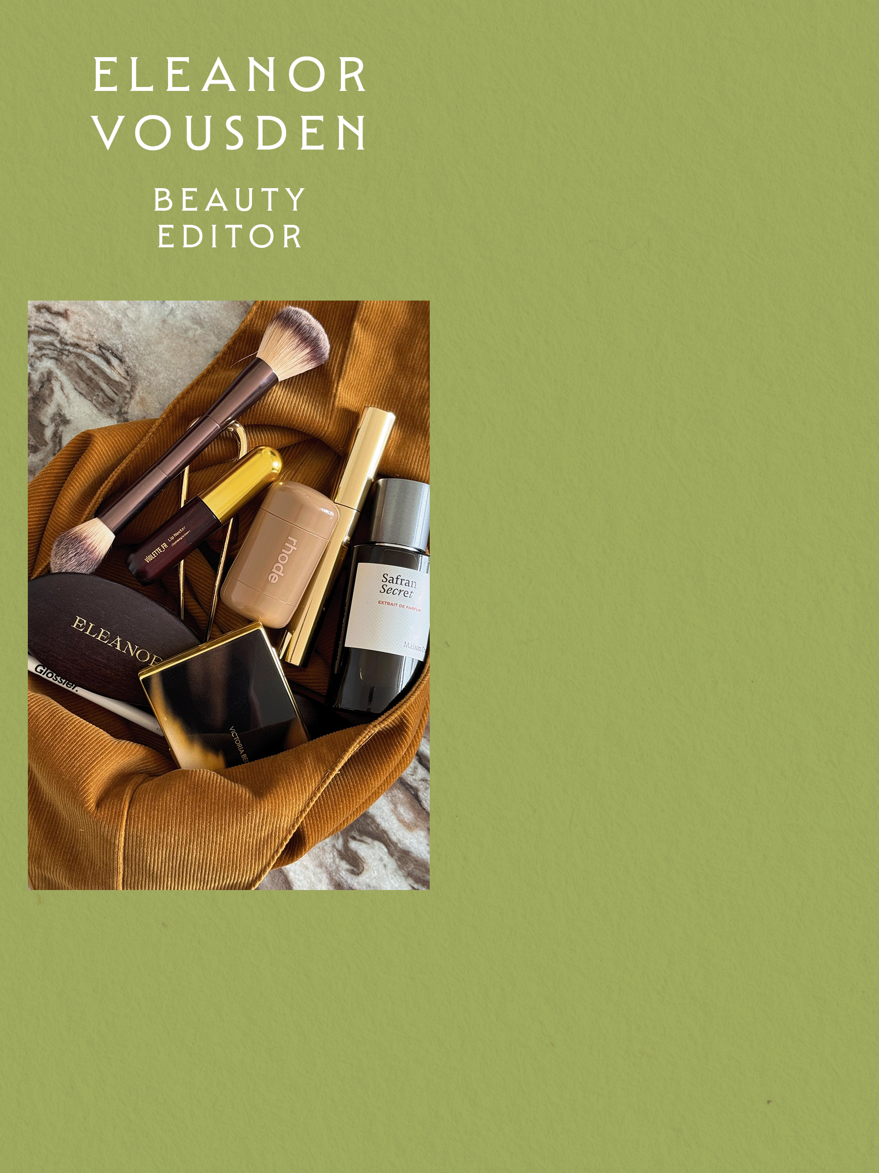 A collage of beauty editor Eleanor Vousden&#039;s makeup bag