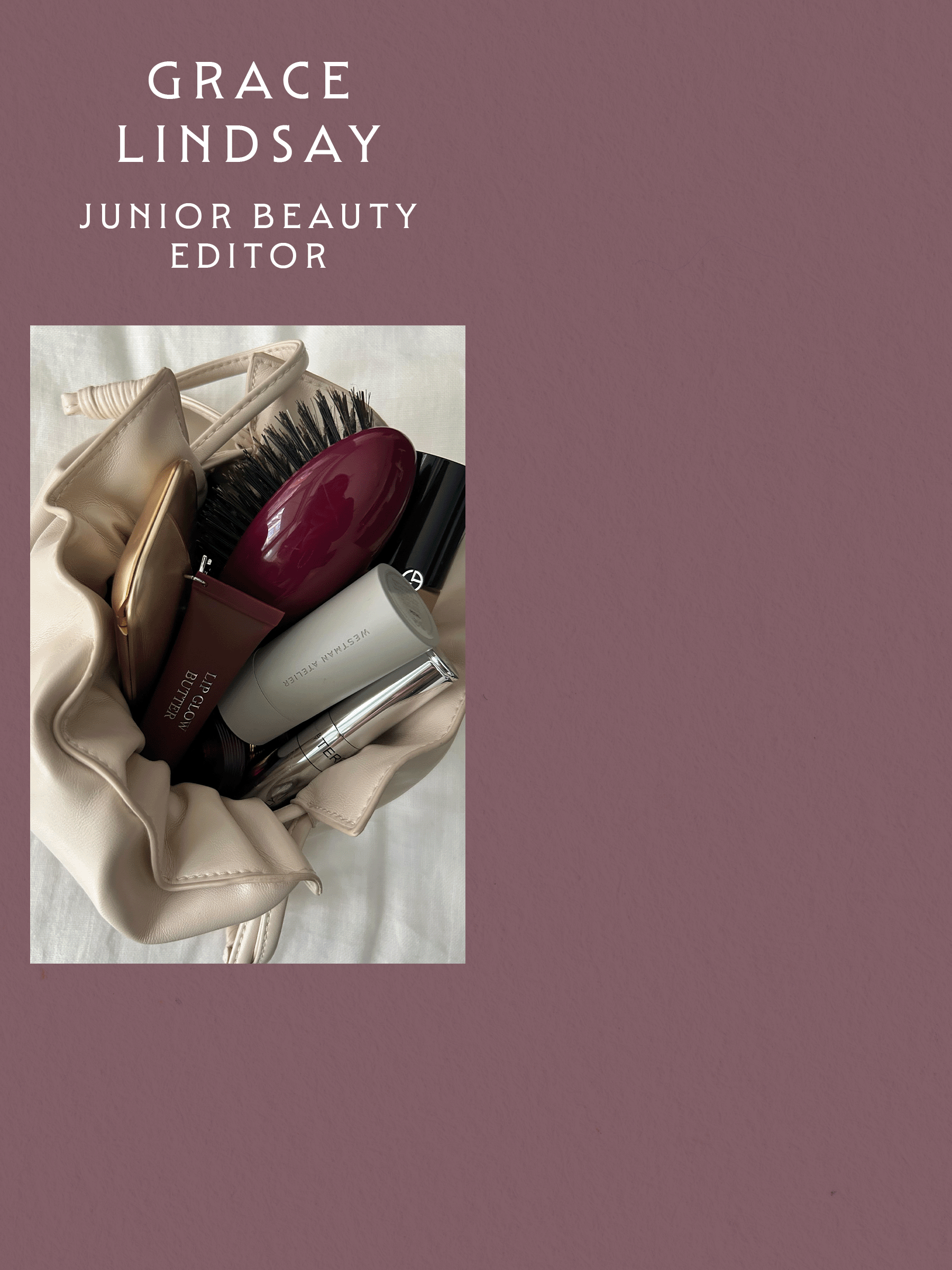 A collage of junior beauty editor Grace Lindsay&#039;s makeup bag