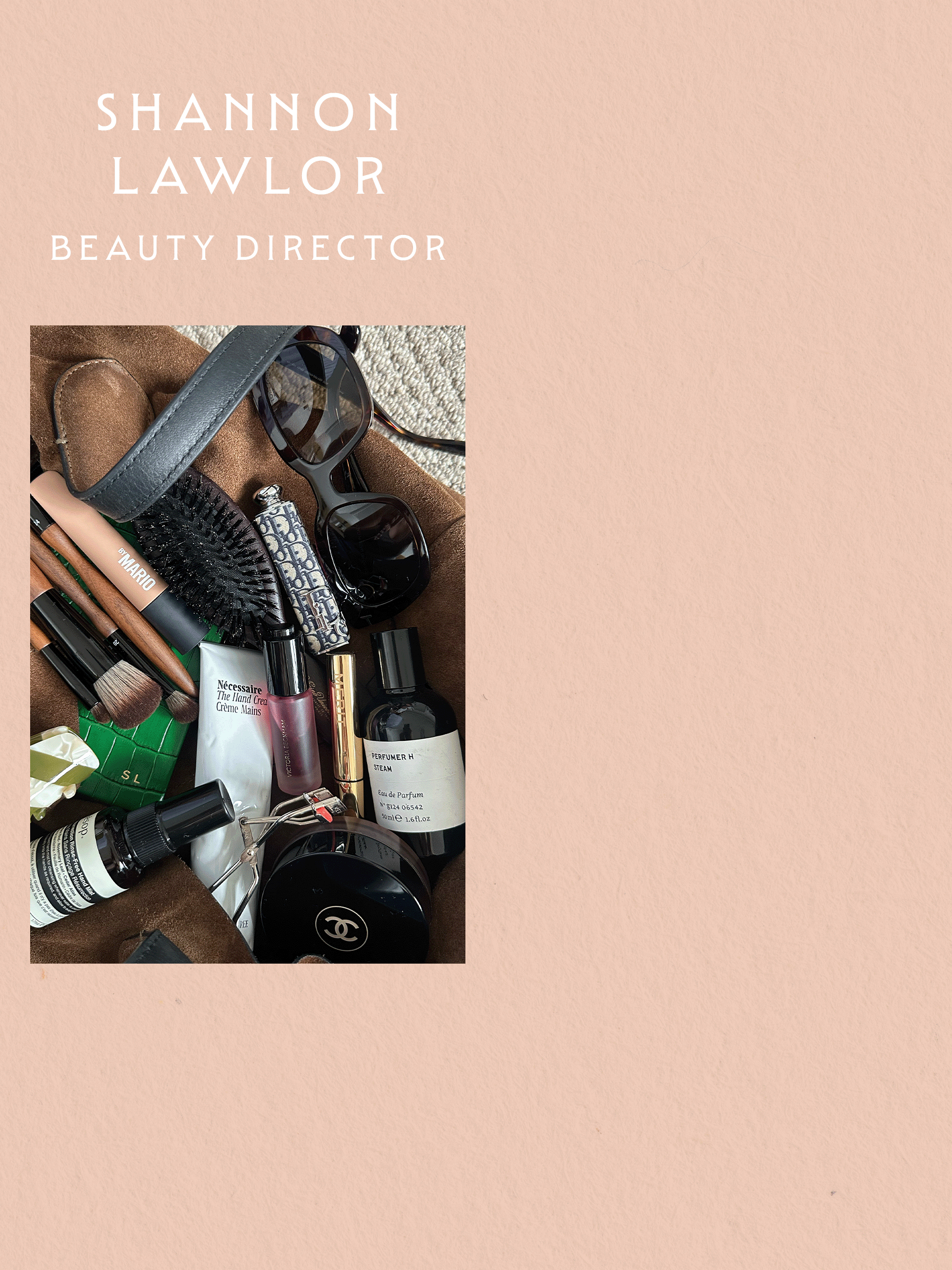A collage of beauty director Shannon Lawlor&#039;s makeup bag