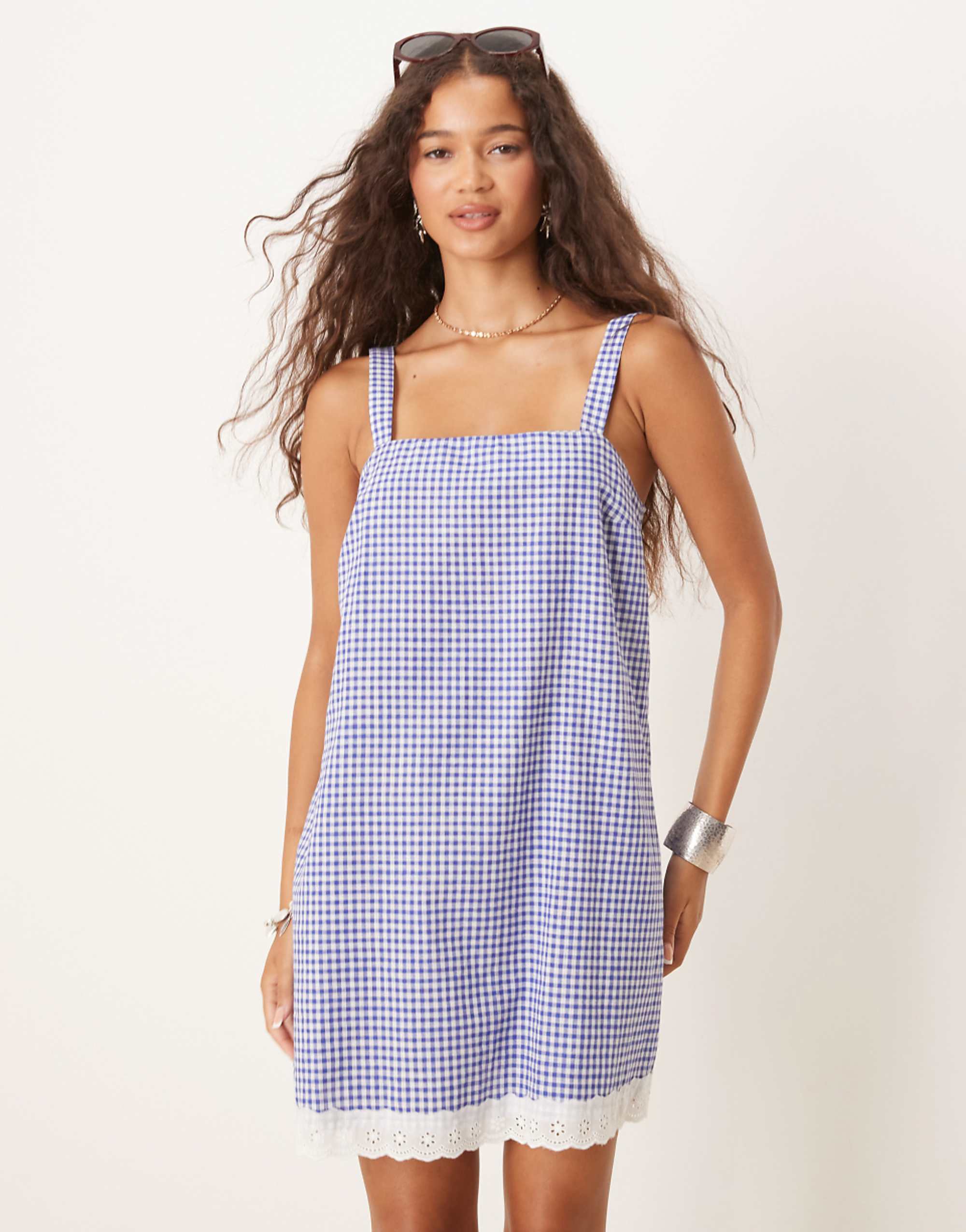 Asos Design Swing Mini Dress With Broderie Hem in Navy Gingham