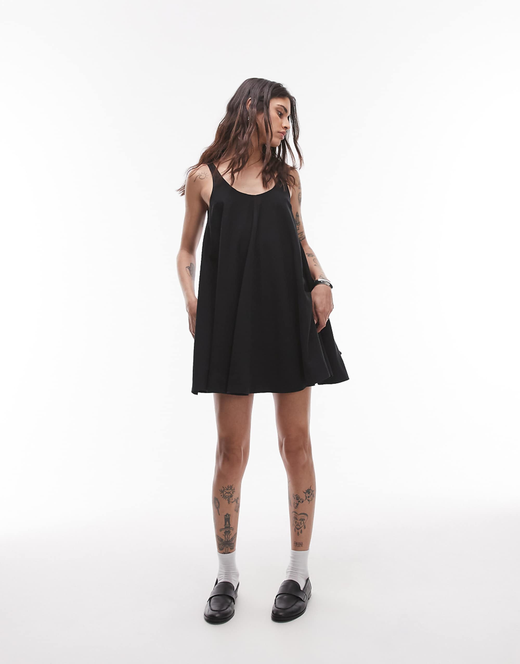 Topshop Linen Trapeze Swing Mini Dress in Black