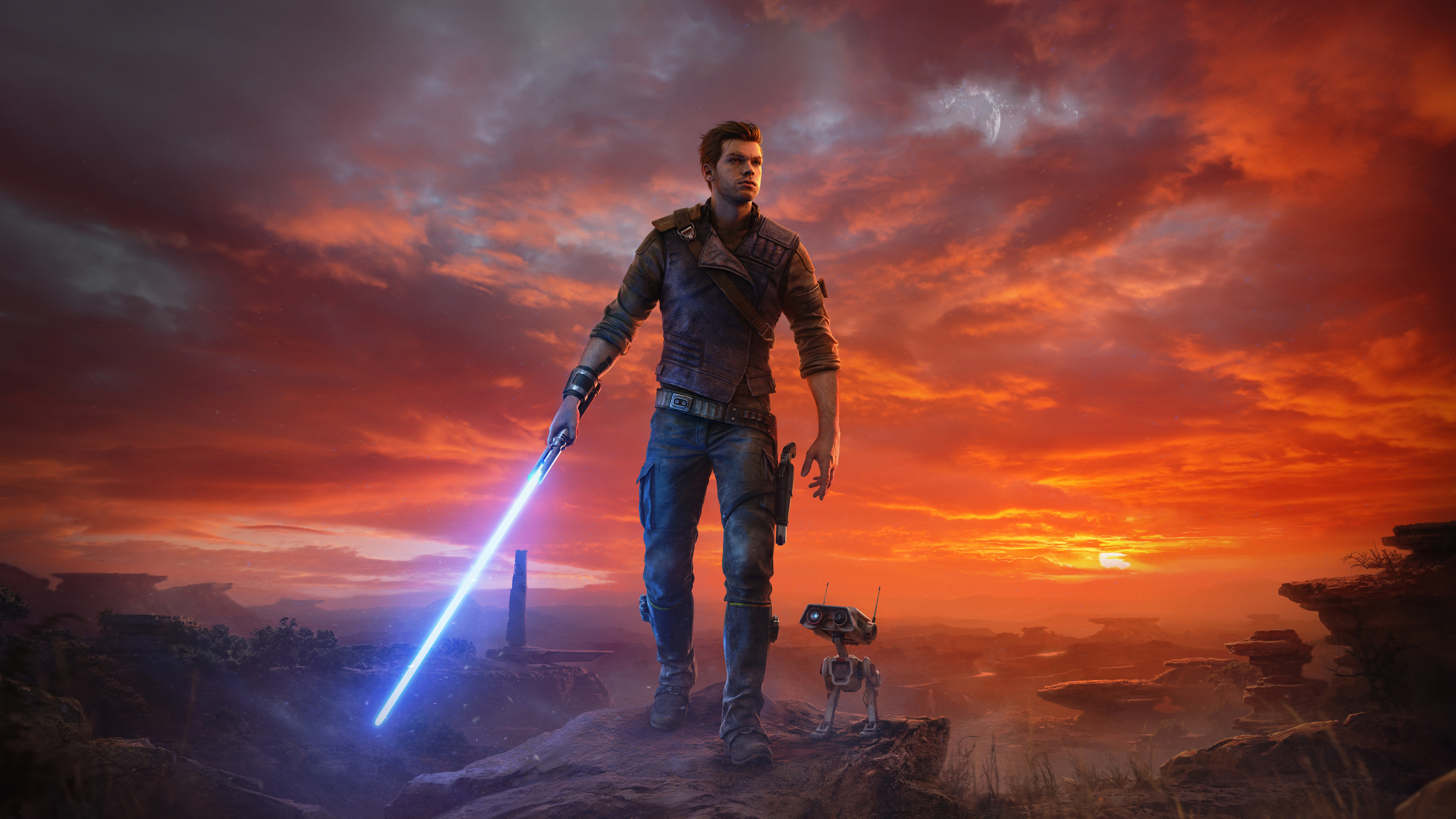 The cover art for Star Wars Jedi: Survivor, showing main character Cal Kestis and his droid, BD-1, in front of a desolate backdrop.