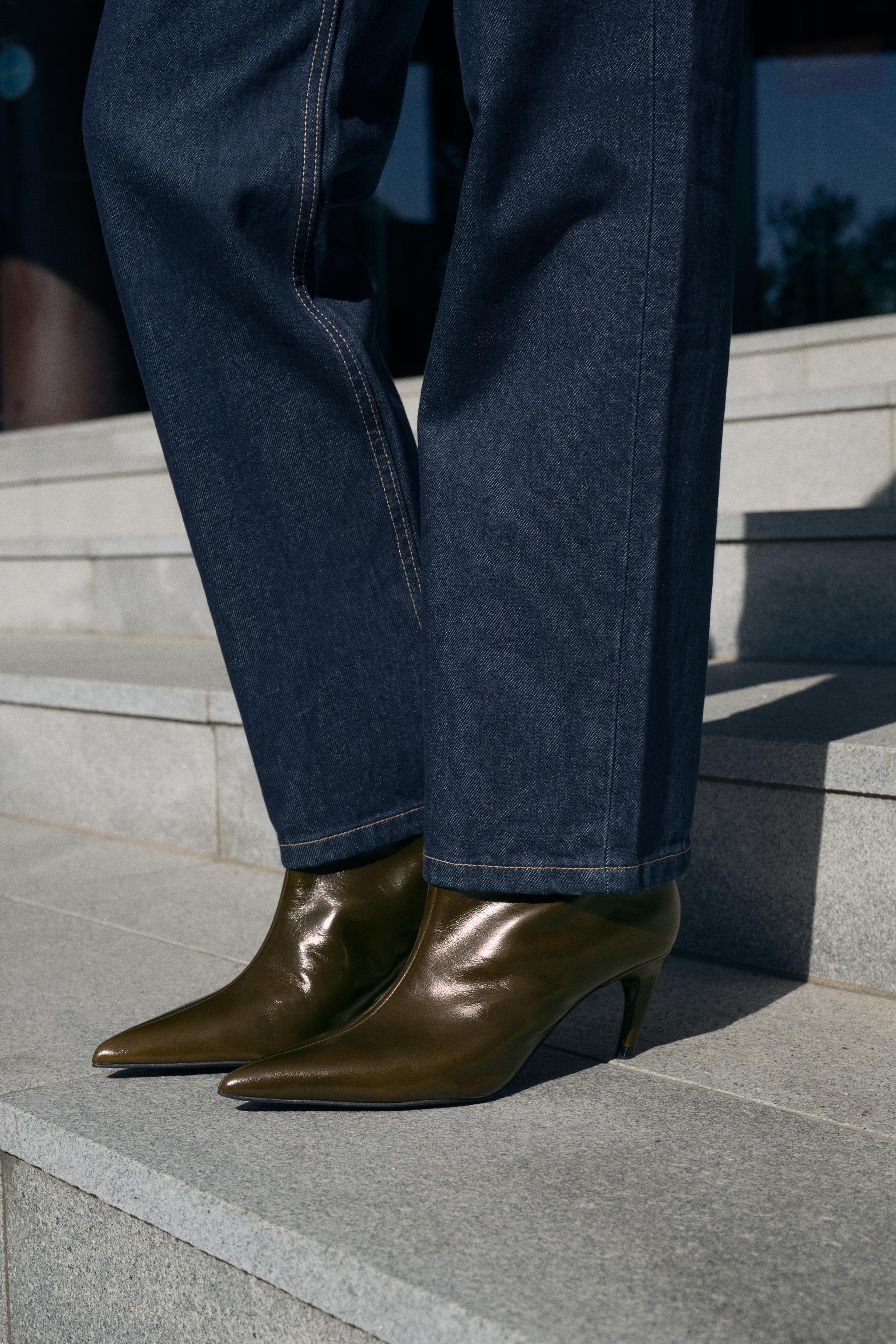 Leather Curved Heel Ankle Boots