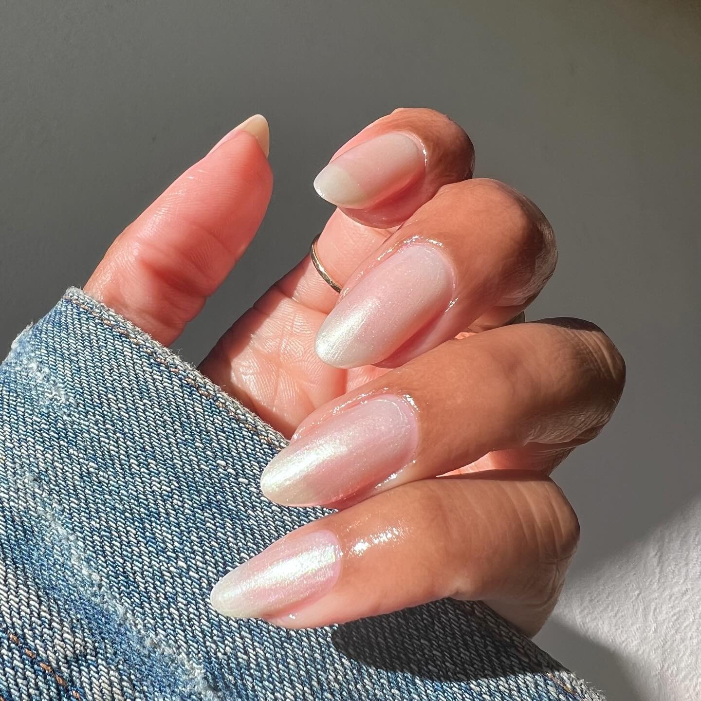A sheer, shimmery manicure
