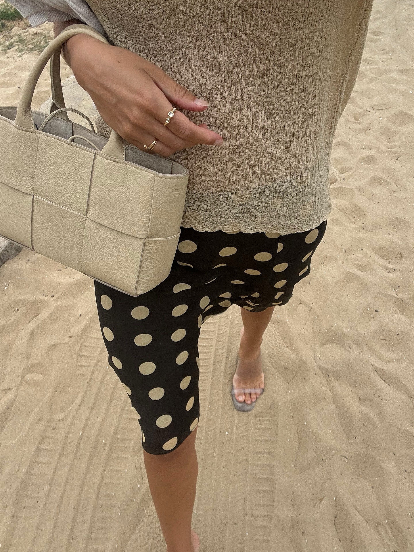 French influencer wearing With Jean brown polka dot Penny Skirt