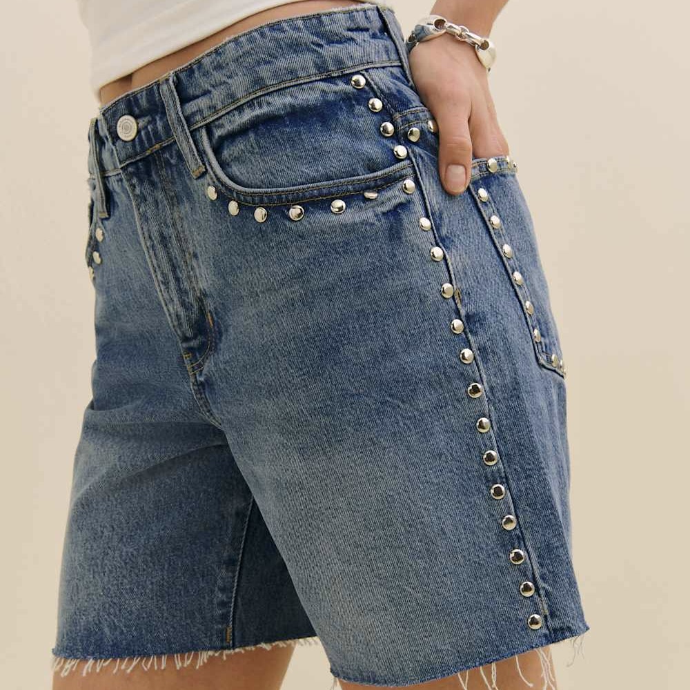 reformation studded denim shorts