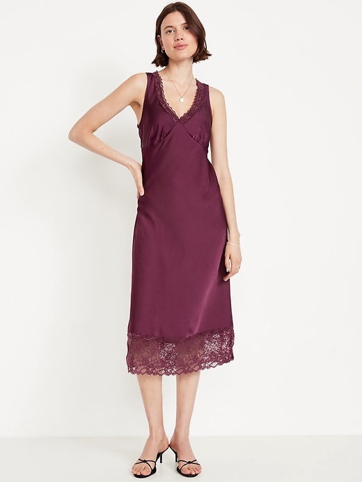 Lace-Trim Satin Midi Dress
