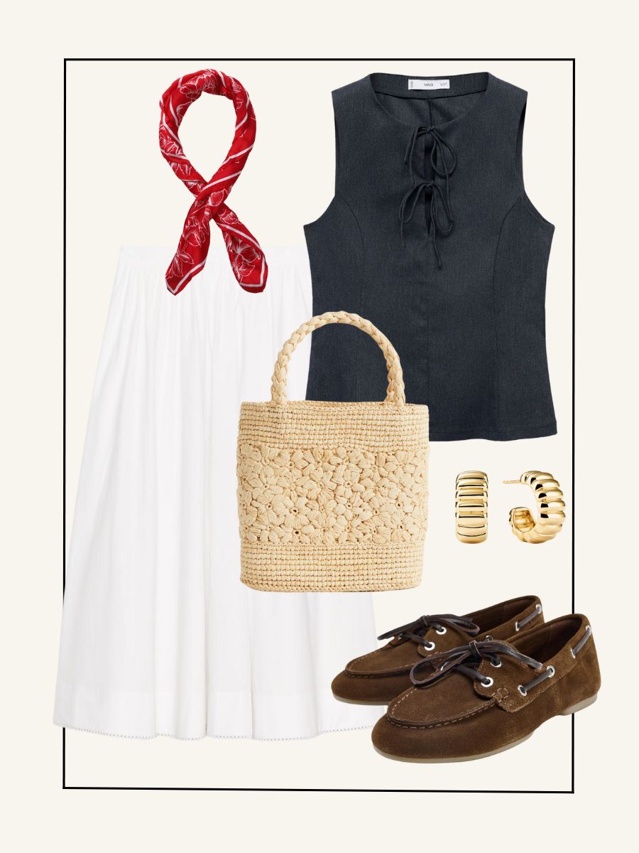 Red scarf, navy top, white skirt, woven bag, gold earrings, brown loafers