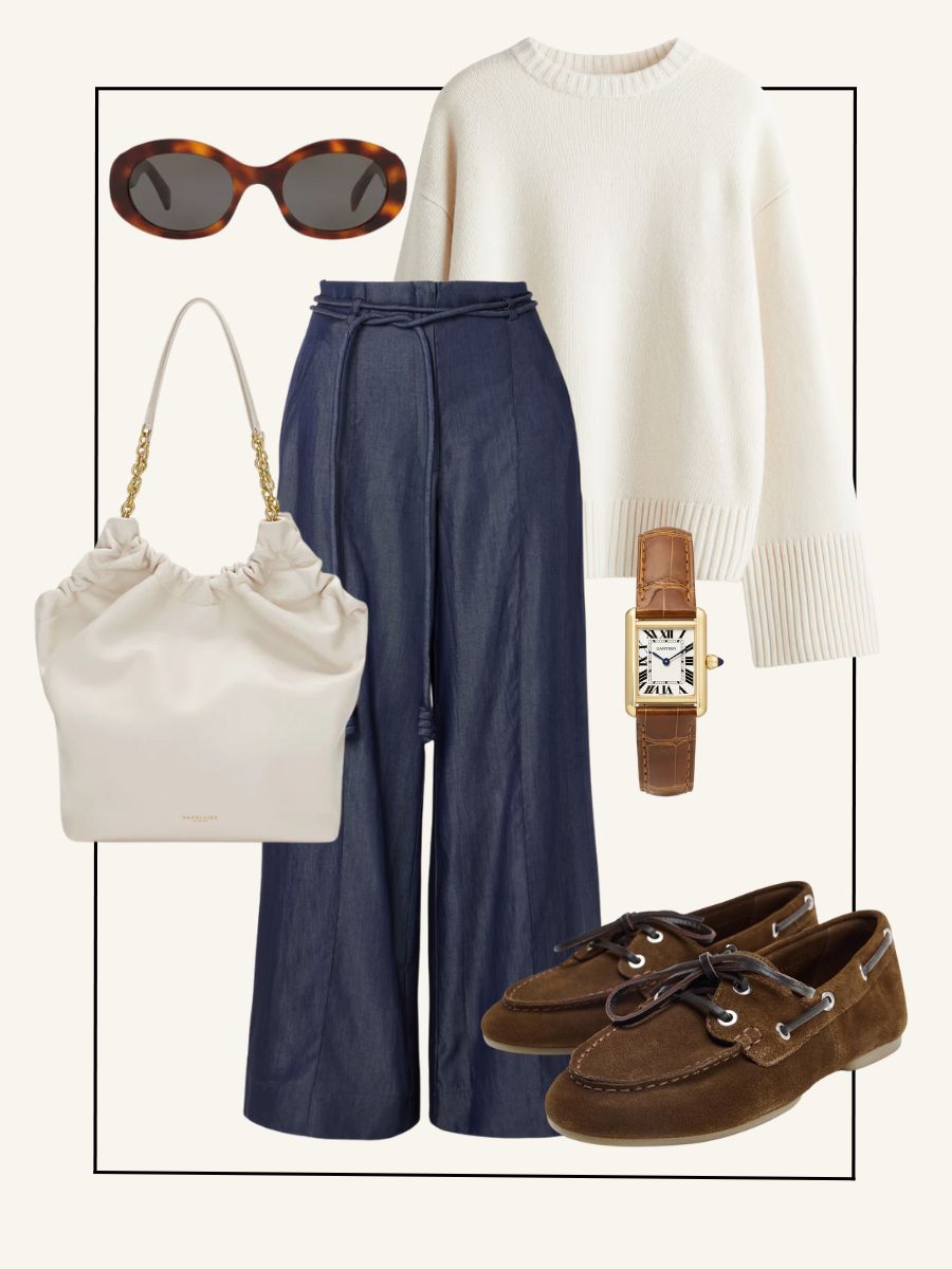 Brown sunglasses, navy trousers, white knit jumper, cream handbag, brown loafers, brown and gold watch