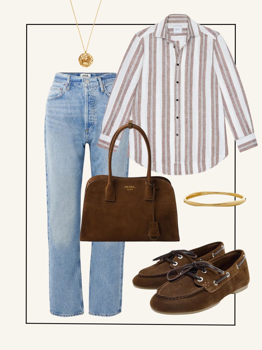 Gold necklace, blue jeans, striped shirt, brown tote bag, gold bracelet, brown loafers