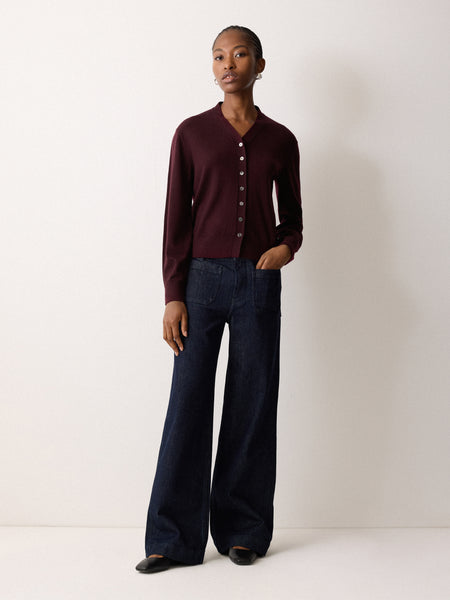 Fine Merino Cardigan Top | Burgundy