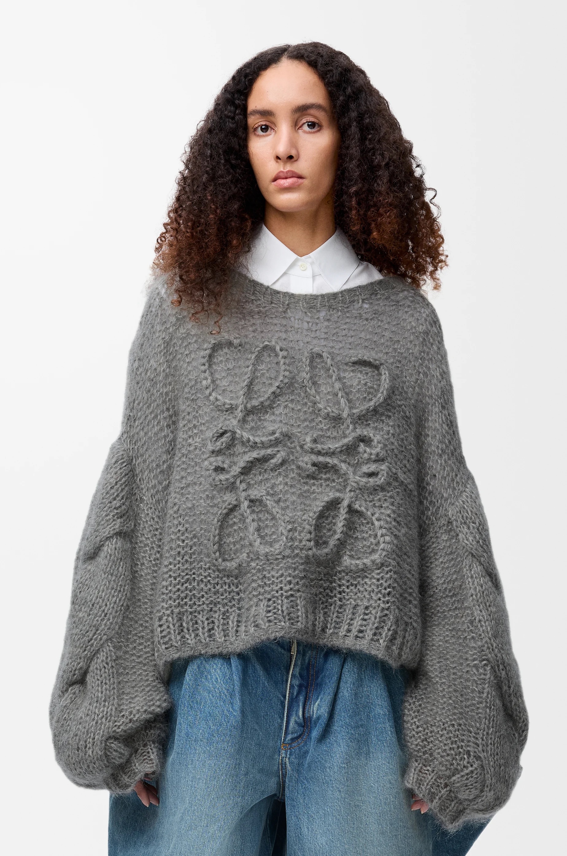 Model wearing grey Loewe jumper