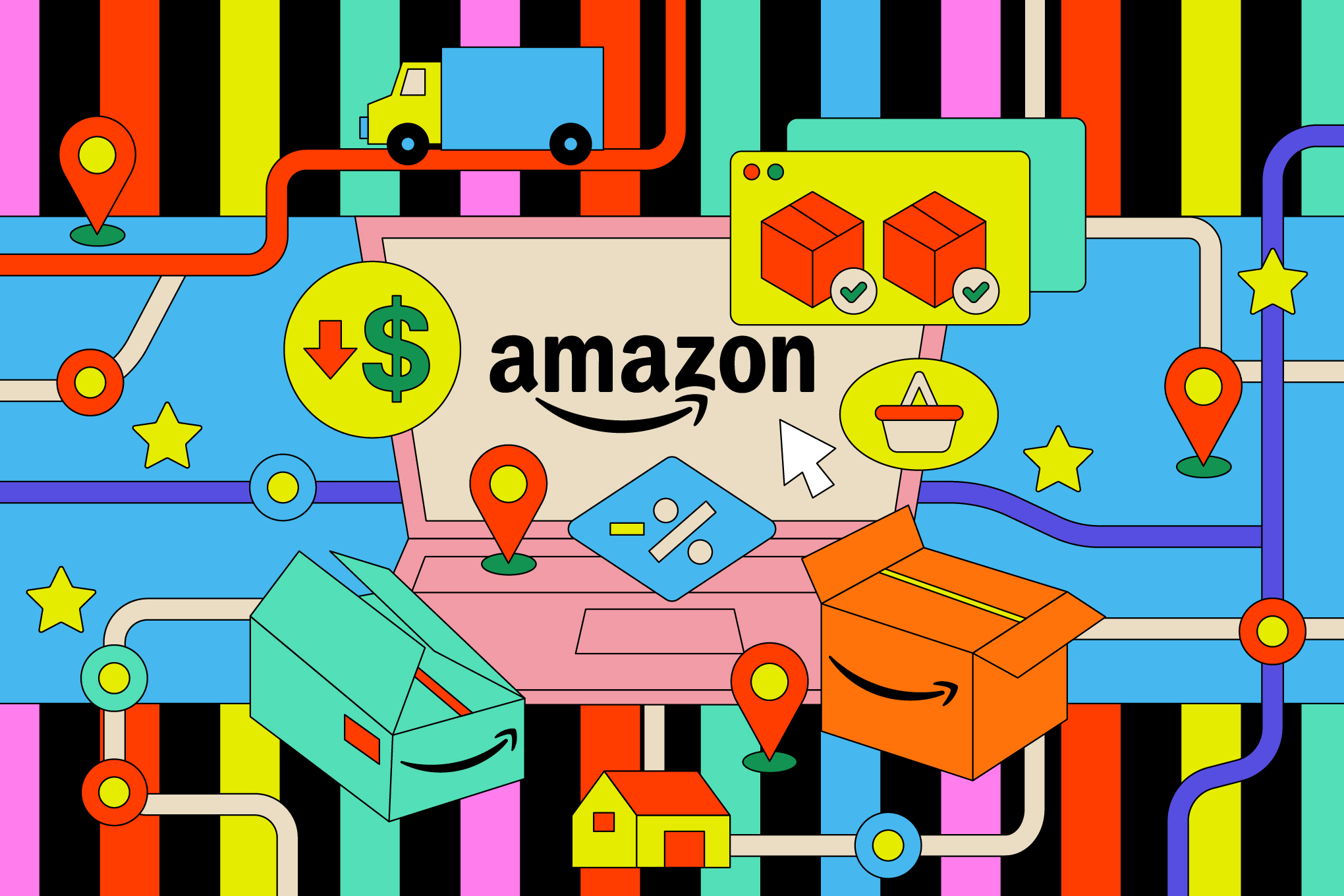 Colorful illustration of a computer with Amazon packages and delivery routes.