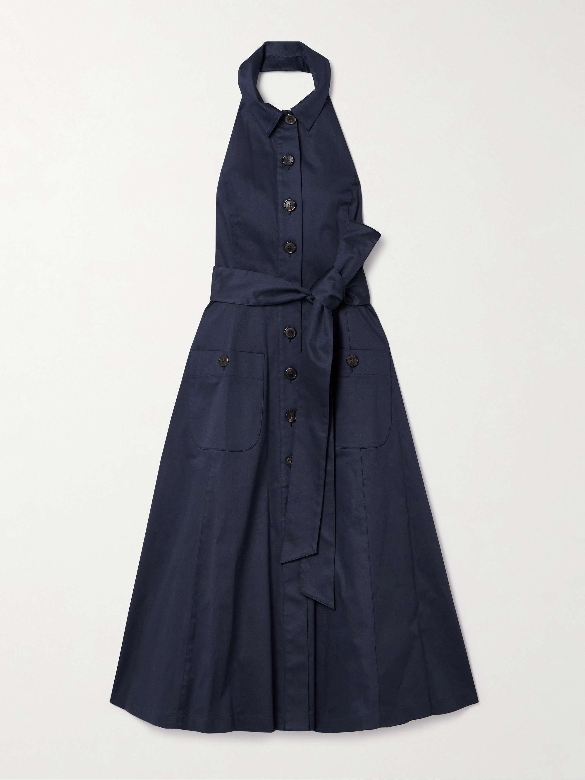 Belted Cotton-Blend Sateen Halterneck Midi Shirt Dress