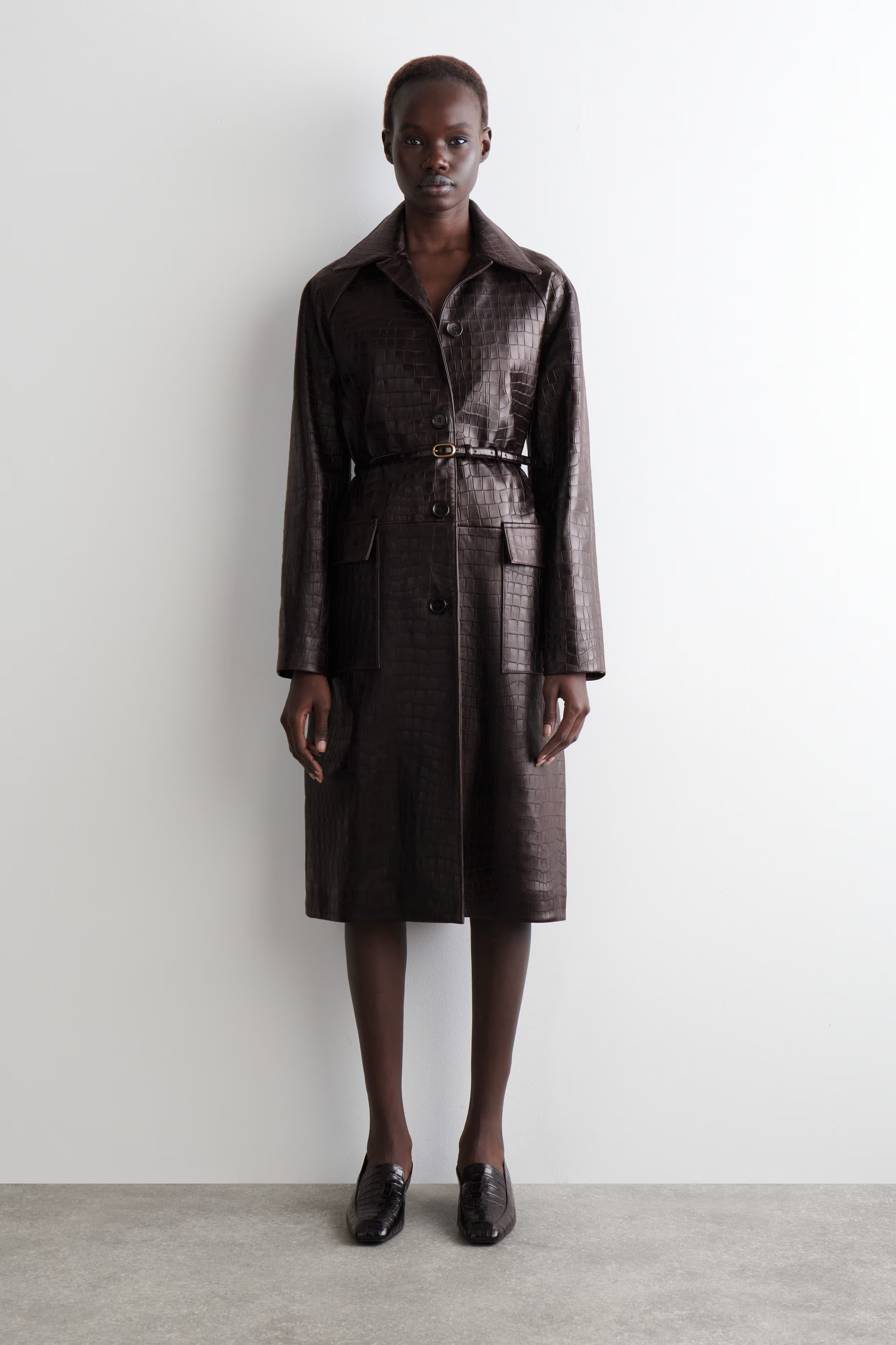cos, Croc-Embossed Leather Coat