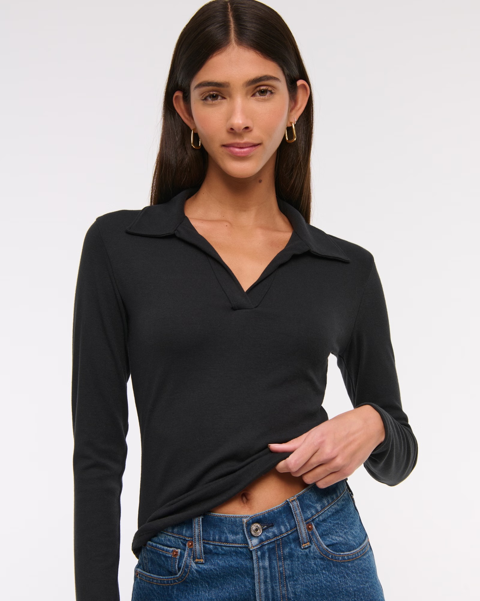 abercrombie, Long-Sleeve V-Neck Collared Top