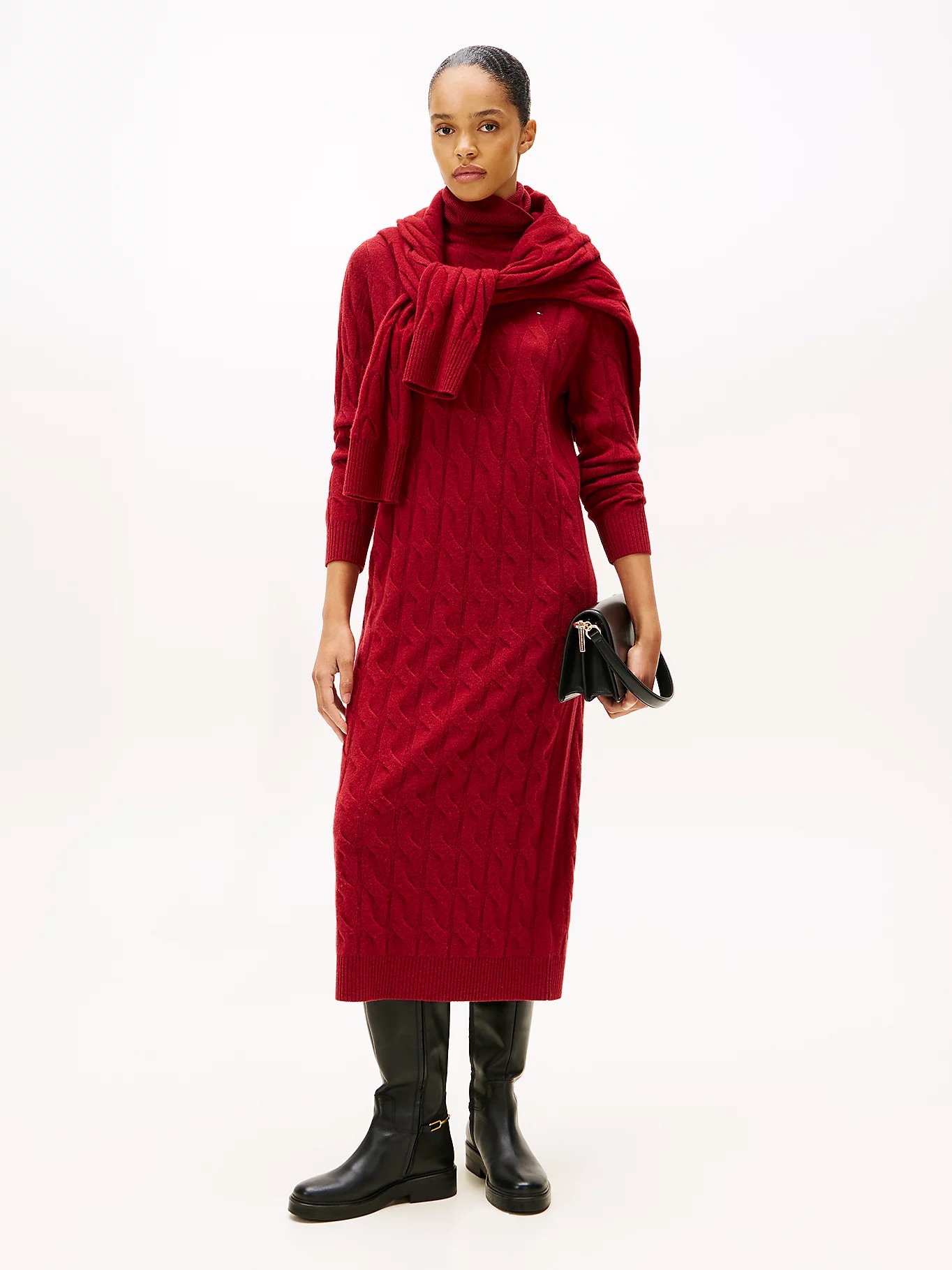 Burgundy Floral Embroidered Knitted Long Sleeve Midi Dress