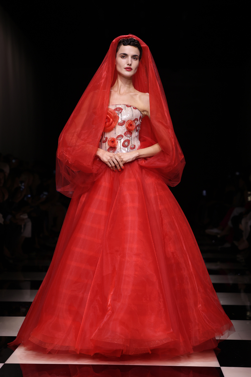 Red dress on the Armani Prive runway in 2023