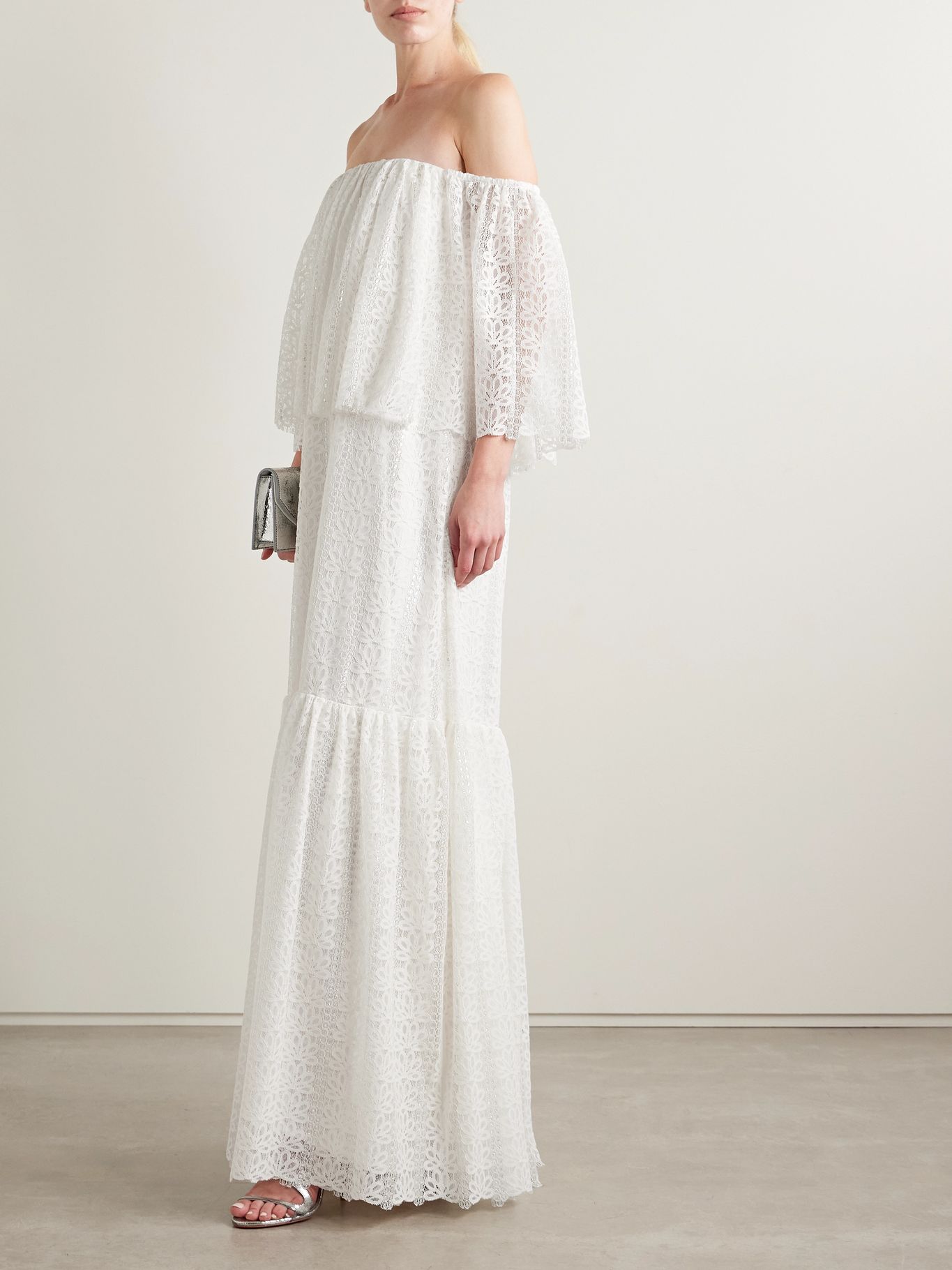 Dima Ayad Off-the-shoulder tiered metallic lace maxi dress