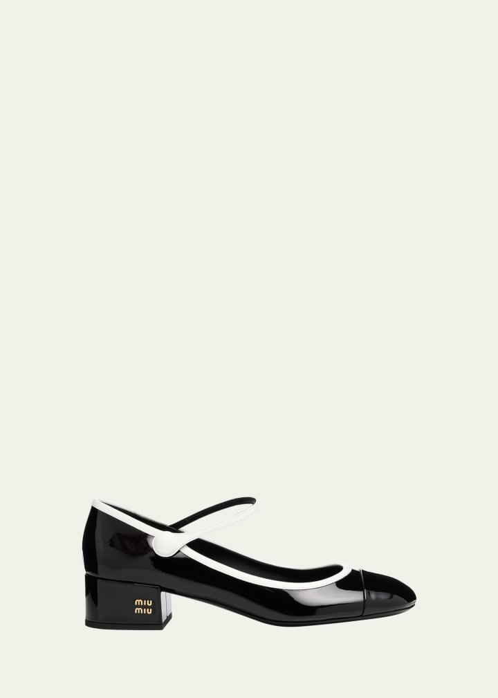 Bicolor Patent Leather Block-Heel Mary Jane Pumps