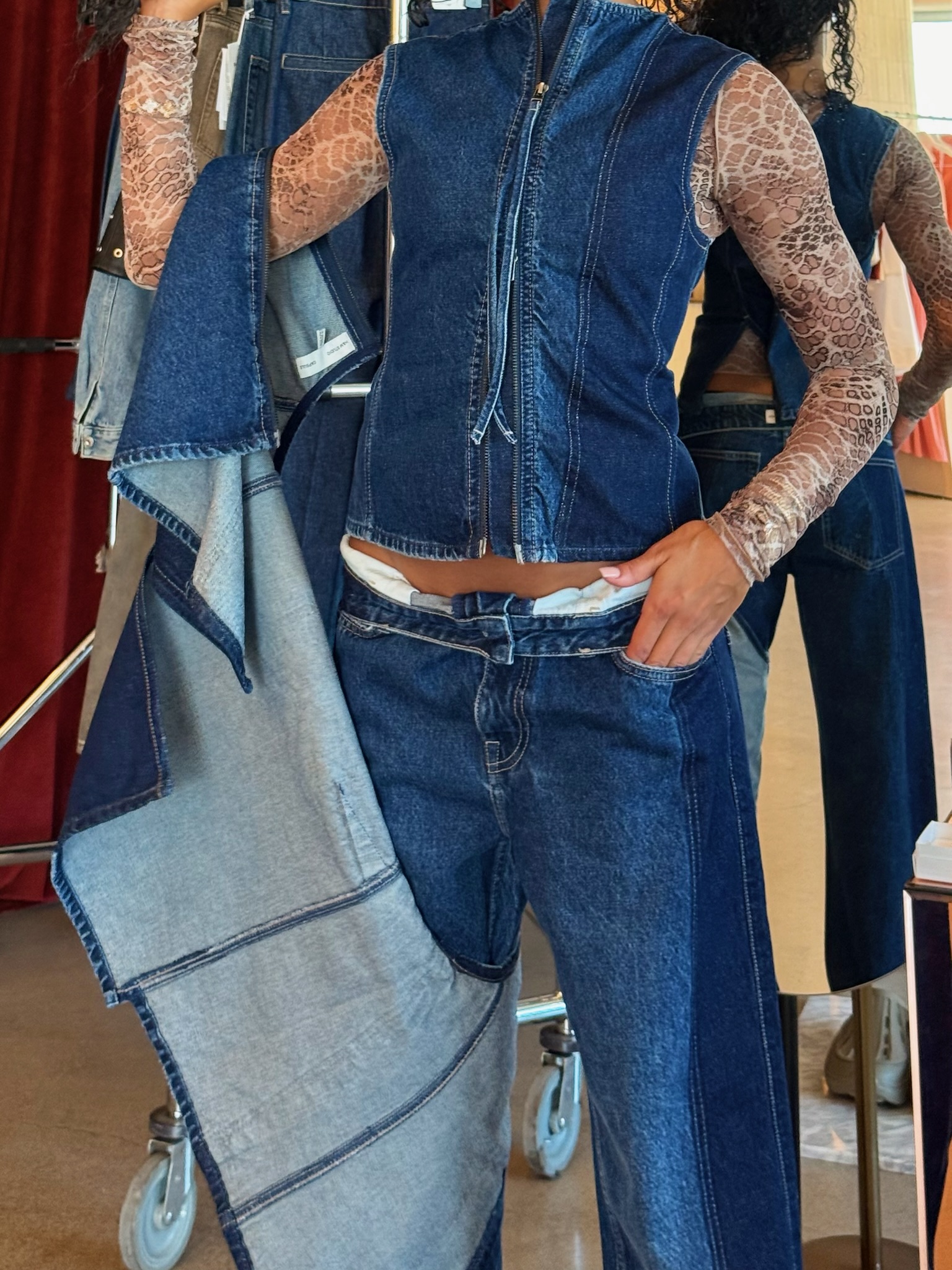 Sami wears a full denim-on denim look