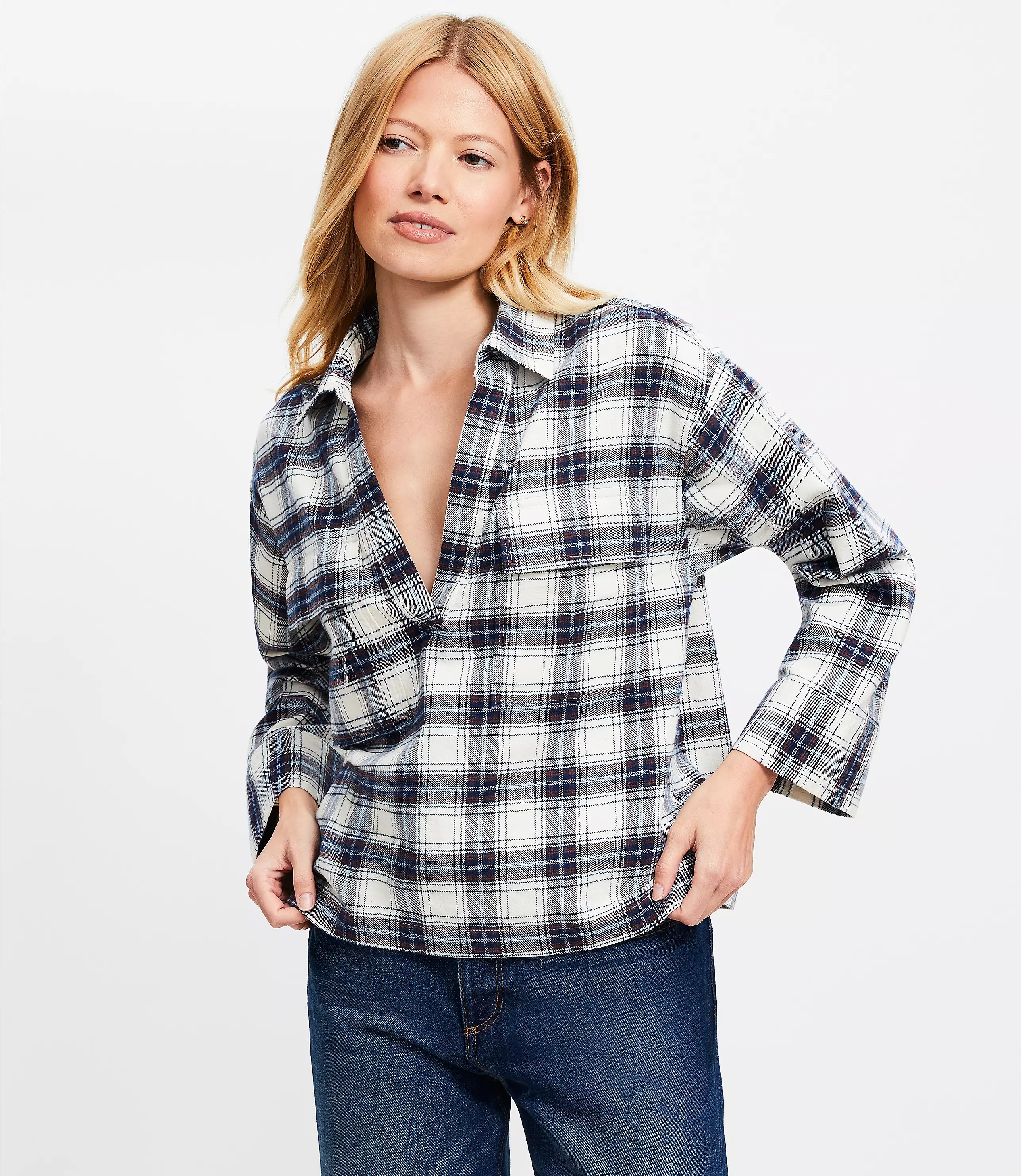 LOFT, Plaid Flannel V-Neck Pocket Popover