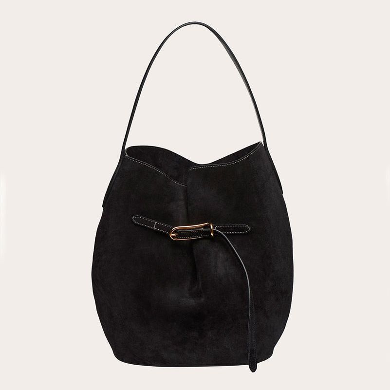 Belted Bucket Bag Large Black Suede
