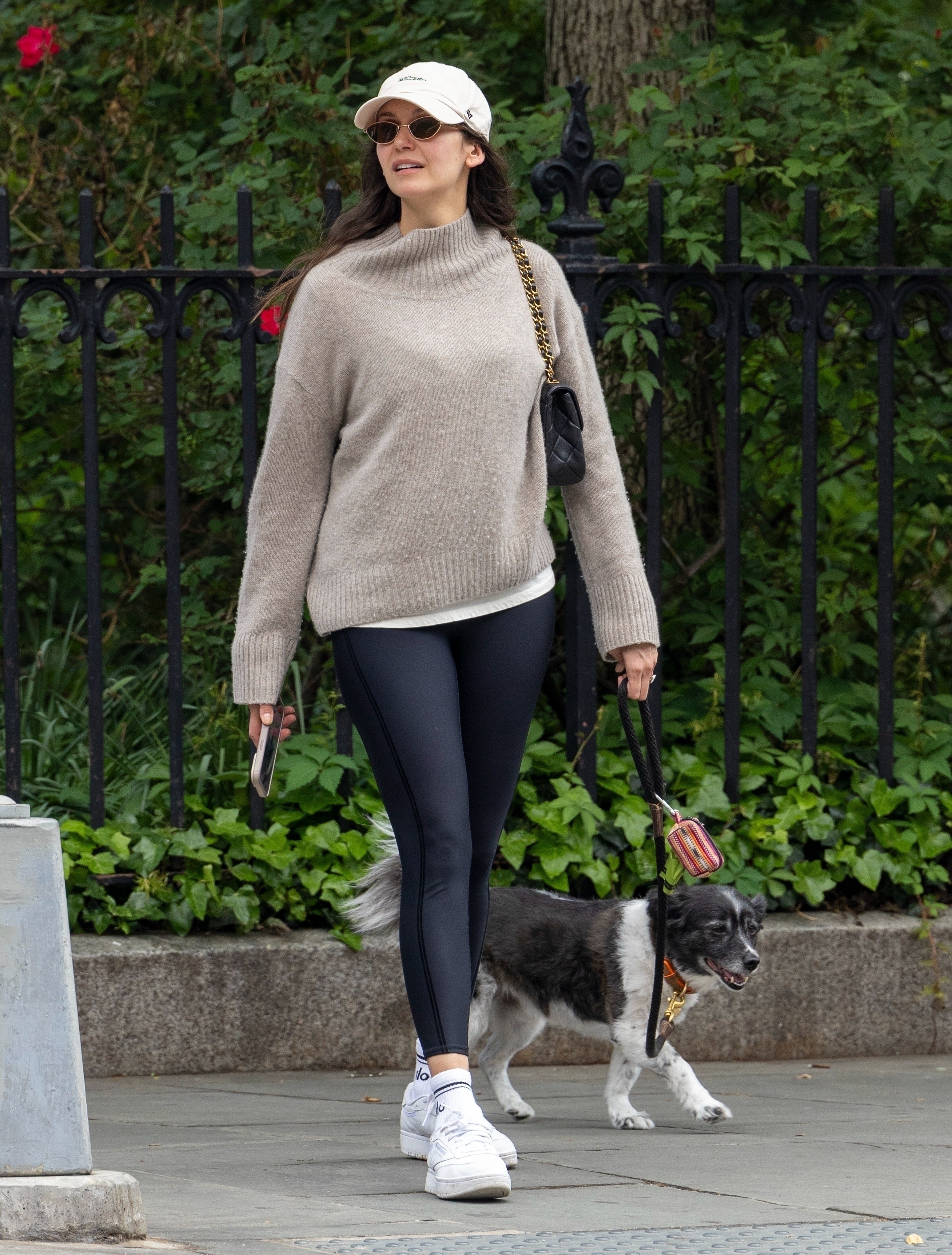 Nina Dobrev wearing fall 2025 leggings outfit uk.