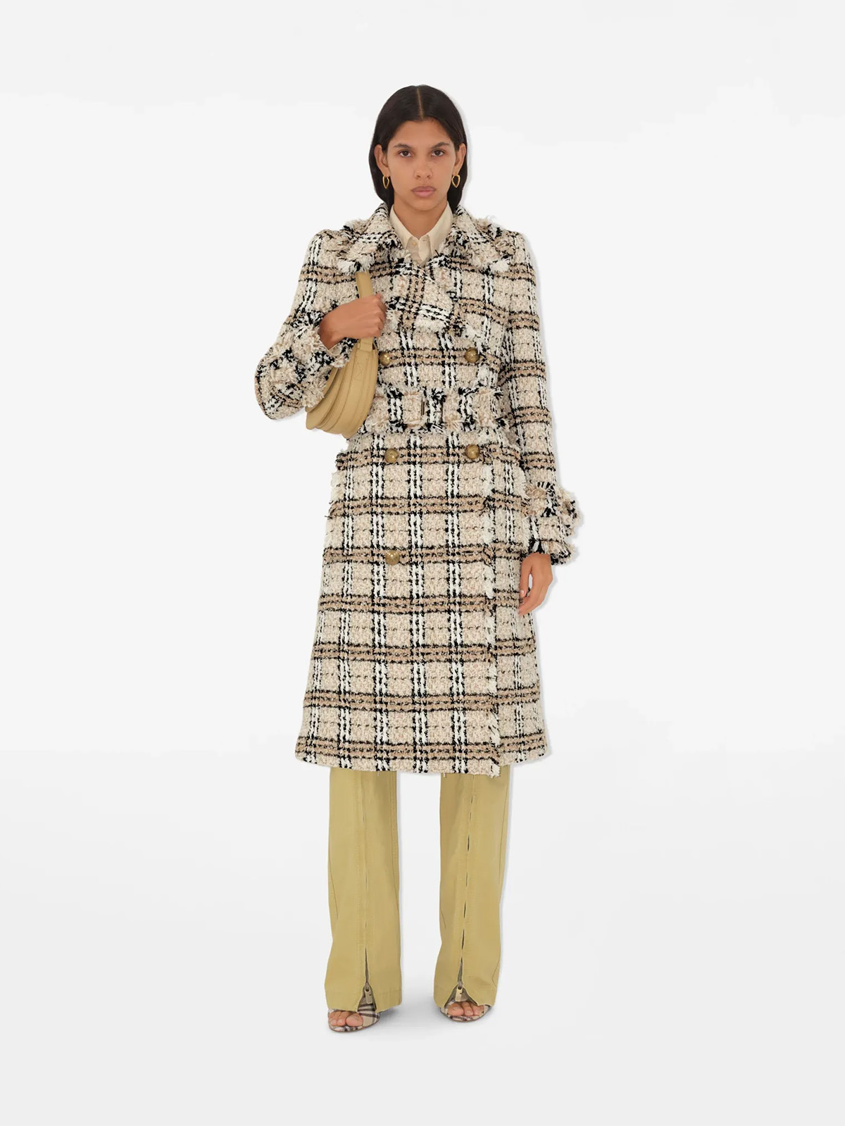 Check Boucl&amp;eacute; Coat in String/fossil - Women, Cotton, Nylon, Technical, Wool | Burberry&amp;reg; Official