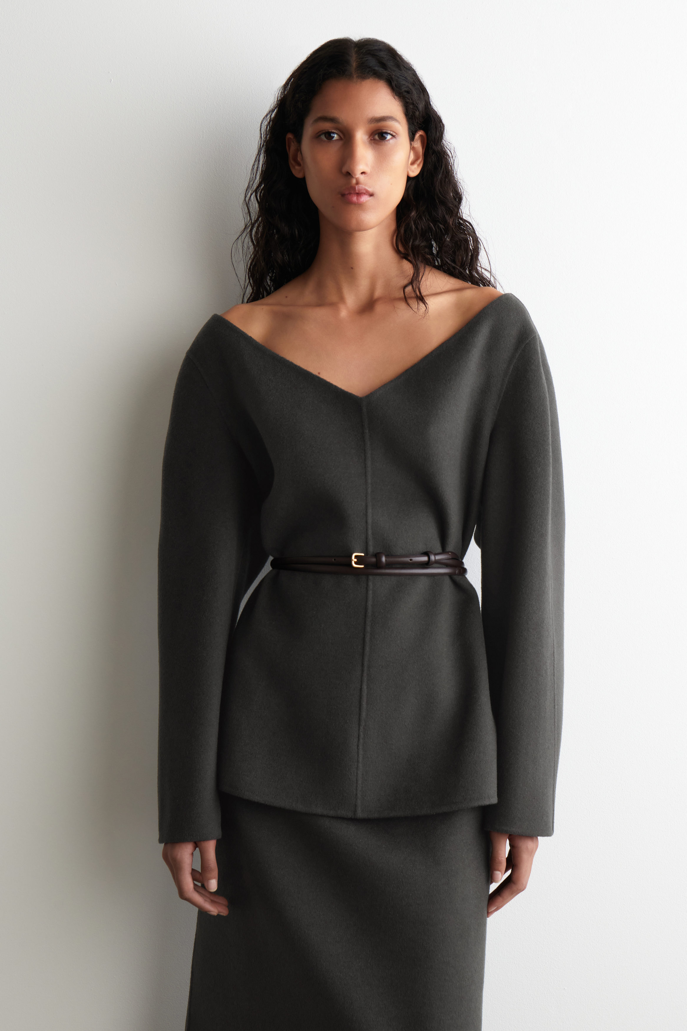 Double-Faced Wool V-Neck Top