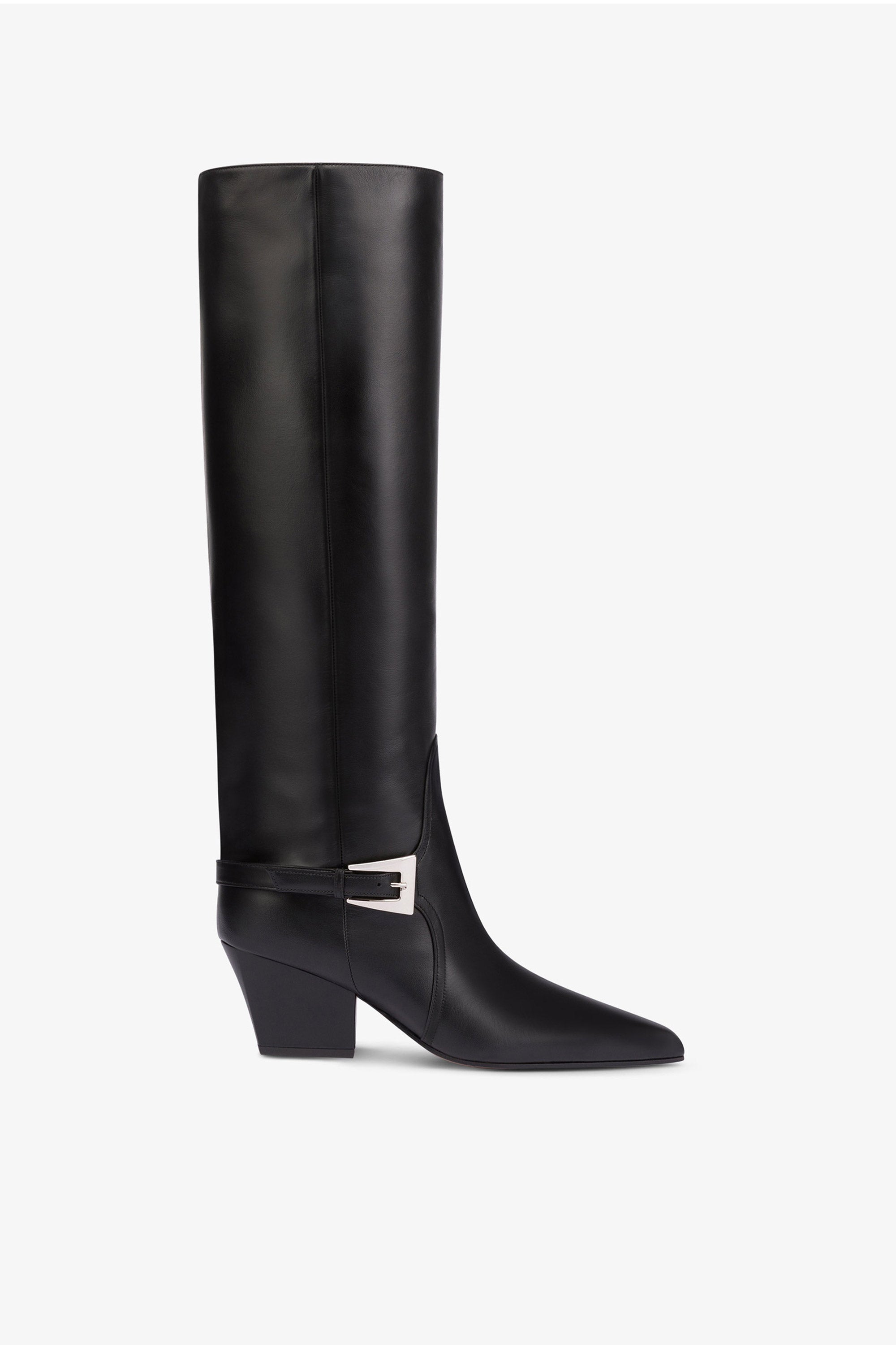 Long, Pointed Knee-High Boots in Smooth Black Leather