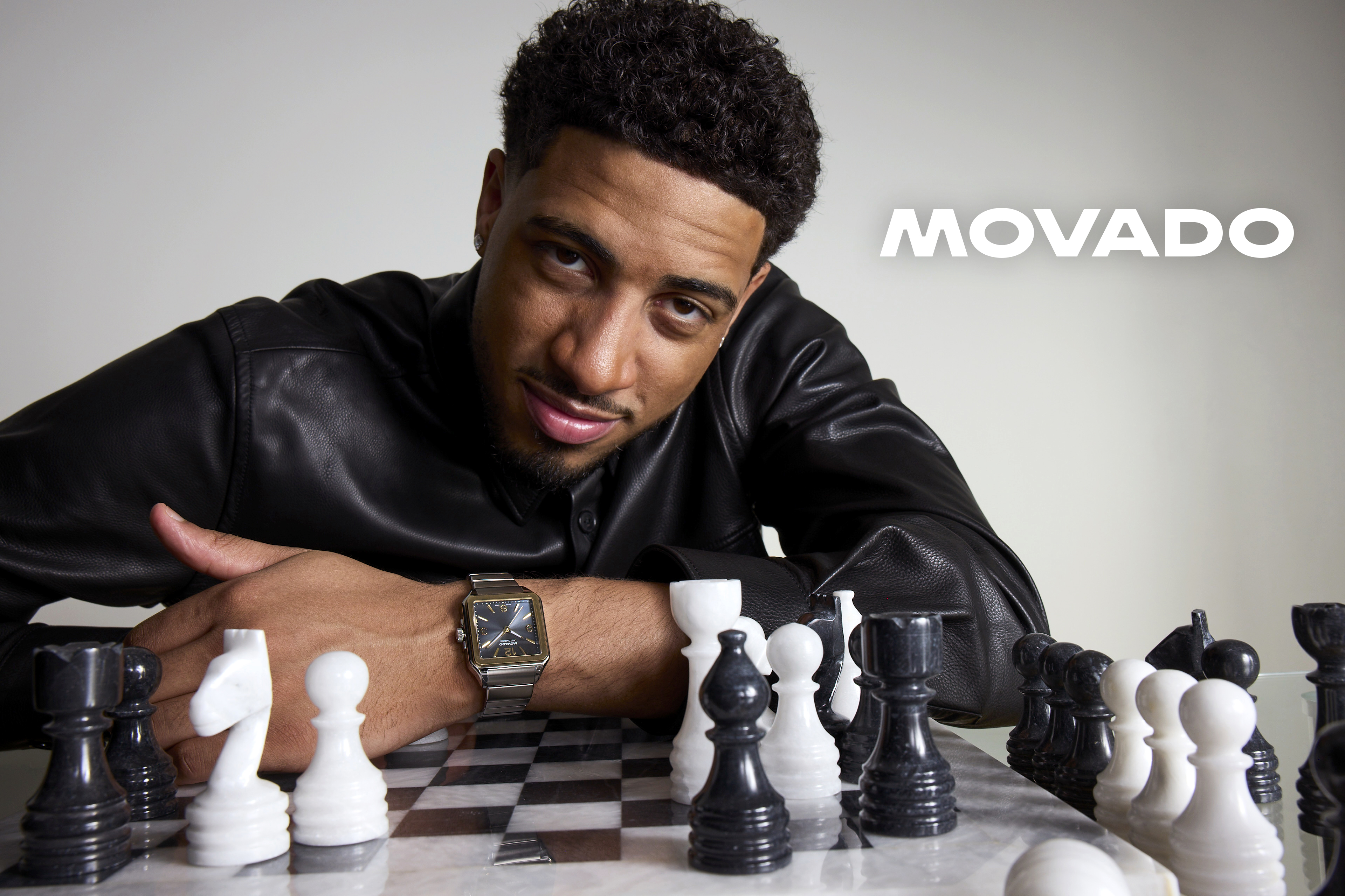 Movado Icon Tyrese Haliburton wearing the Heritage 1917 collection.