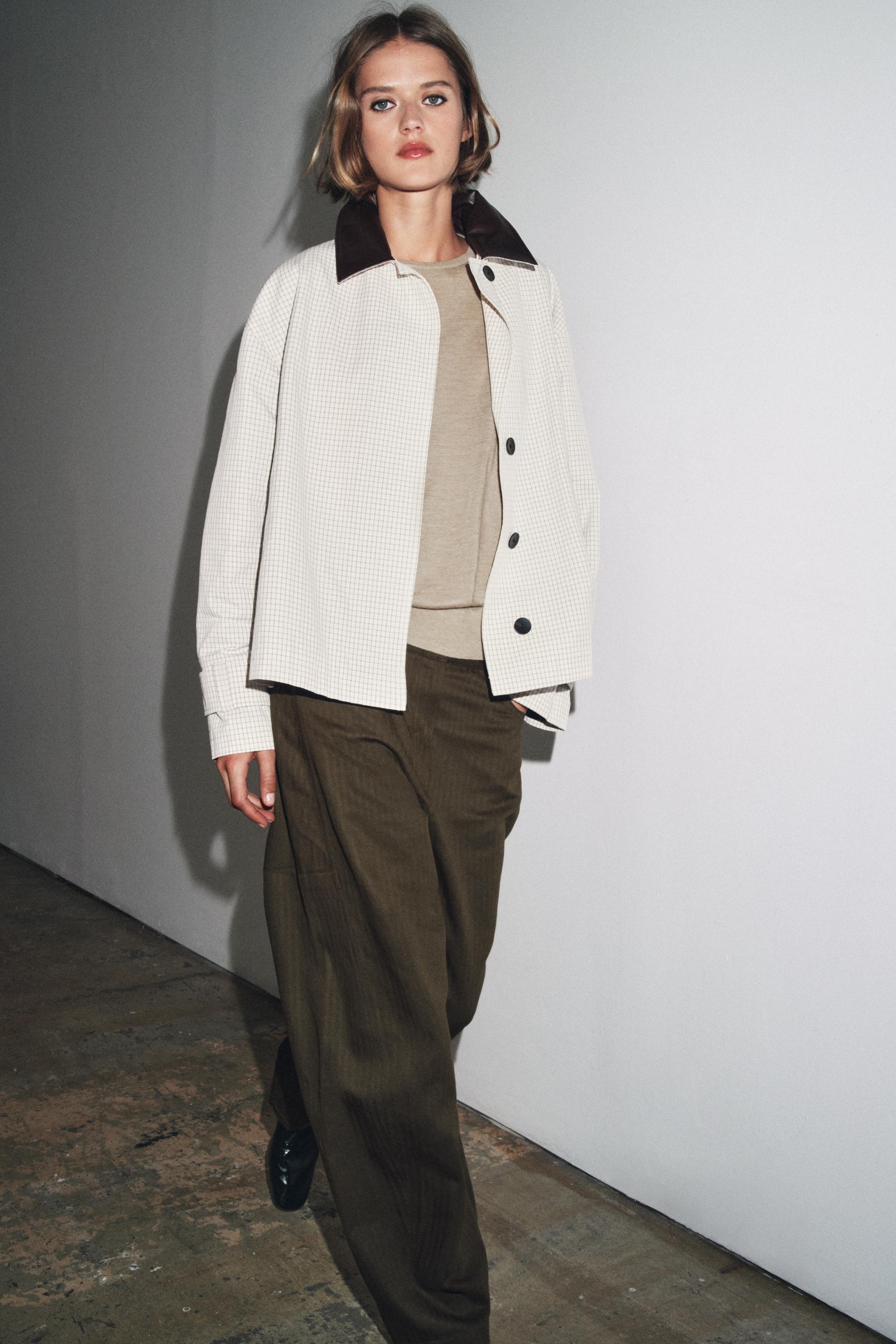 Zw Collection Leather Collar Short Trench Coat